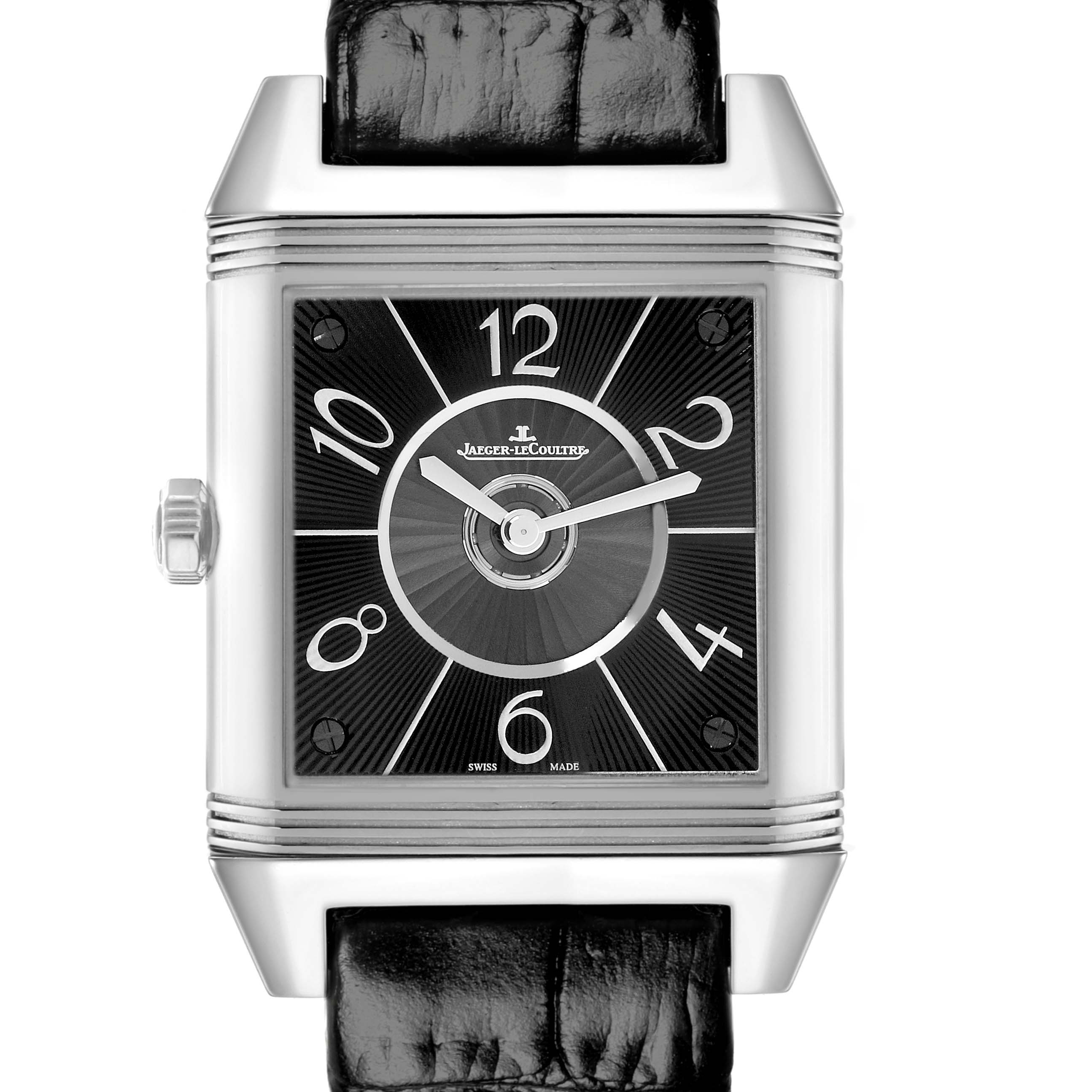 The image shows a frontal view of a Jaeger LeCoultre Reverso Q7058430 Women
s Stainless Steel Silver Dial Q7058430 Women
s Stainless Steel Silver Dial watch, highlighting the dial, case, and strap attachment.