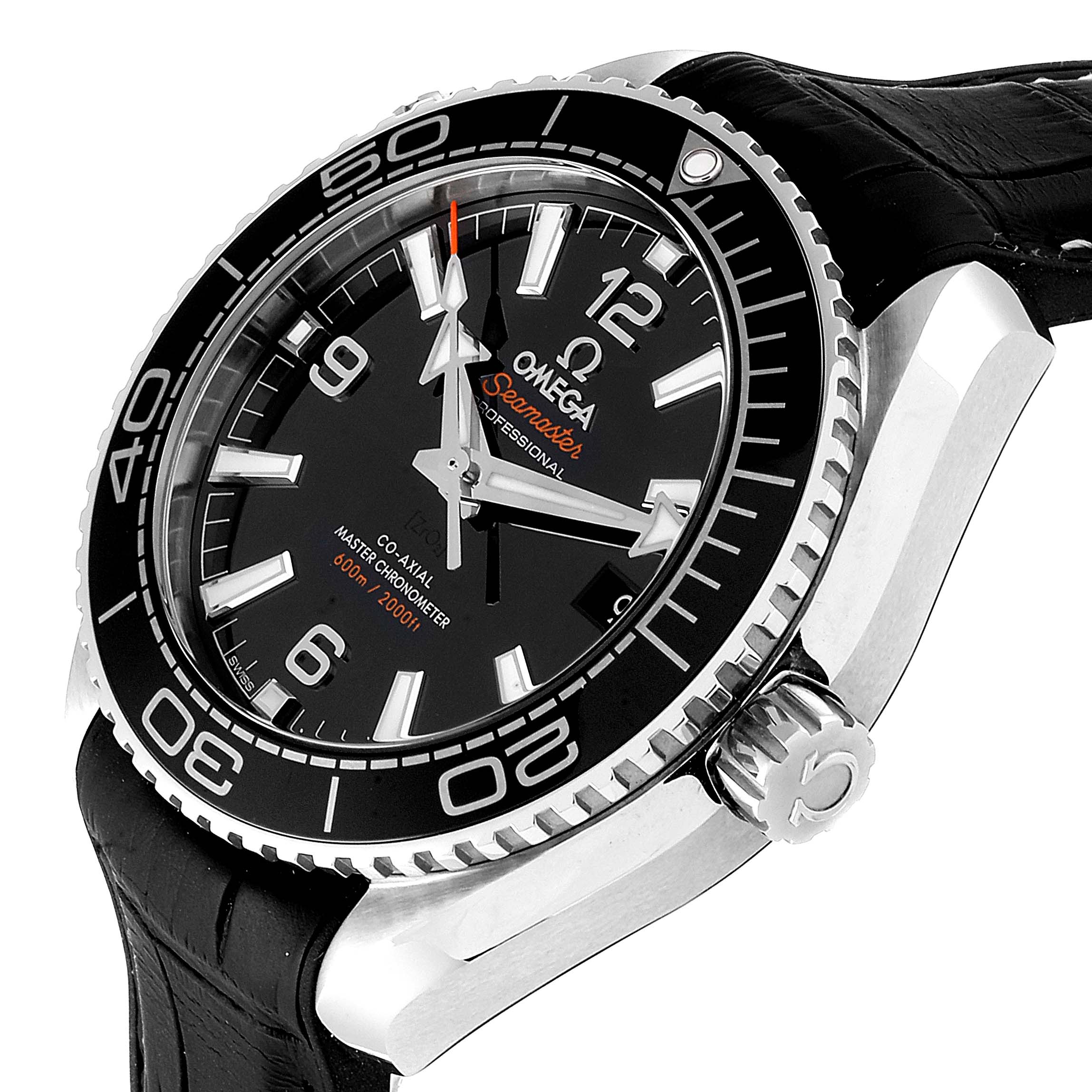 The image shows a side view of the Omega Planet Ocean 215.33.40.20.01.001 Men
s Stainless Steel Black Dial 215.33.40.20.01.001 Men
s Stainless Steel Black Dial watch, highlighting the bezel, crown, and part of the strap.