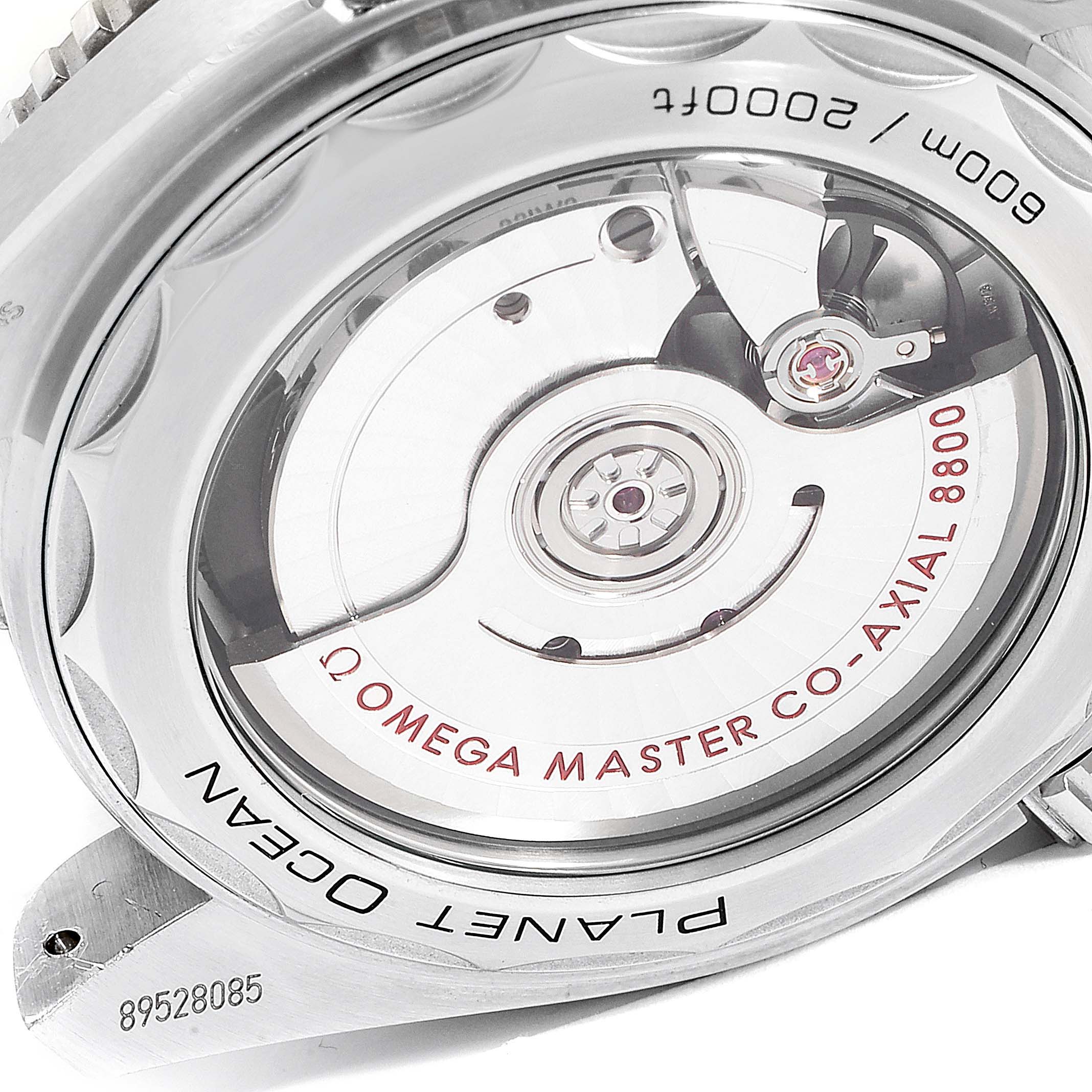 The image shows the case back of the Omega Planet Ocean 215.33.40.20.01.001 Men
s Stainless Steel Black Dial 215.33.40.20.01.001 Men
s Stainless Steel Black Dial watch, highlighting the Omega Master Co-Axial 8800 movement.