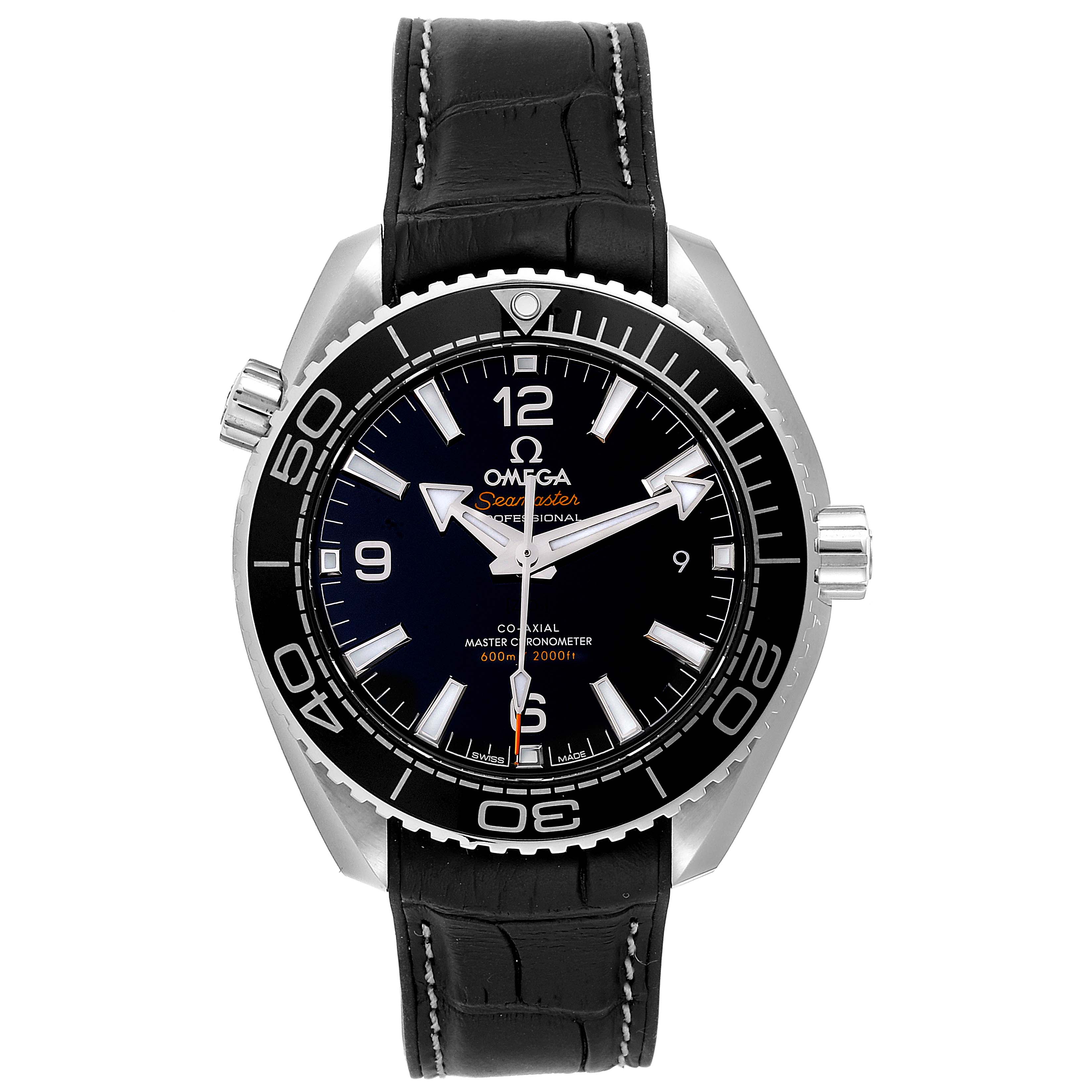 The Omega Planet Ocean 215.33.40.20.01.001 Men
s Stainless Steel Black Dial 215.33.40.20.01.001 Men
s Stainless Steel Black Dial watch is shown from the front, displaying its dial, bezel, and leather strap.