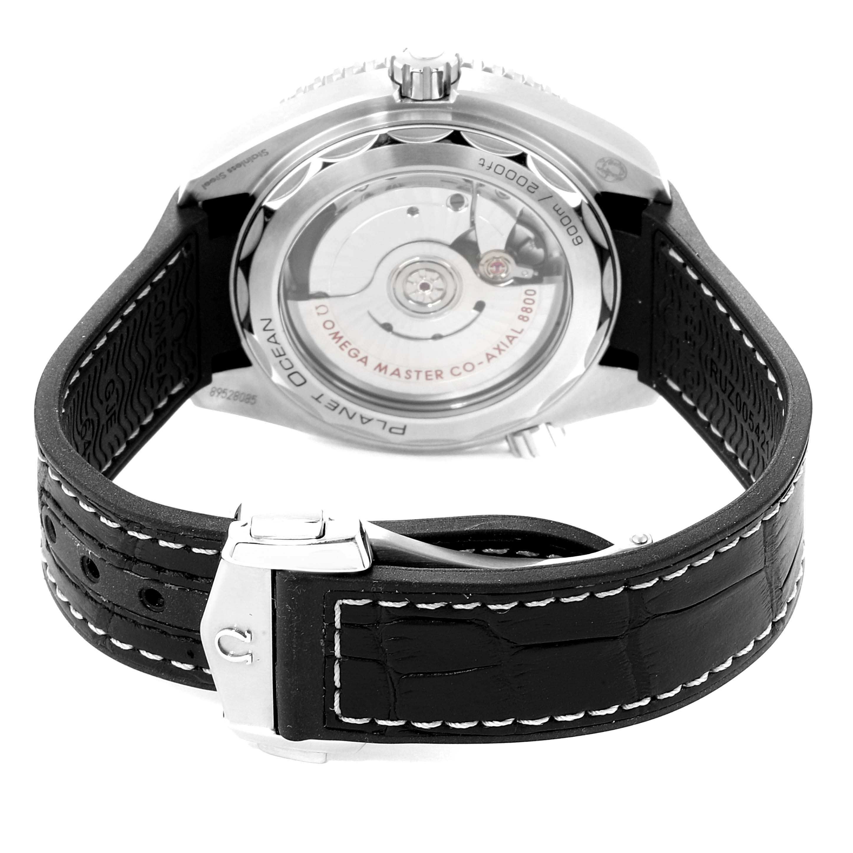 The image shows the back view of an Omega Planet Ocean 215.33.40.20.01.001 Men
s Stainless Steel Black Dial 215.33.40.20.01.001 Men
s Stainless Steel Black Dial watch, highlighting the open case back and leather strap.