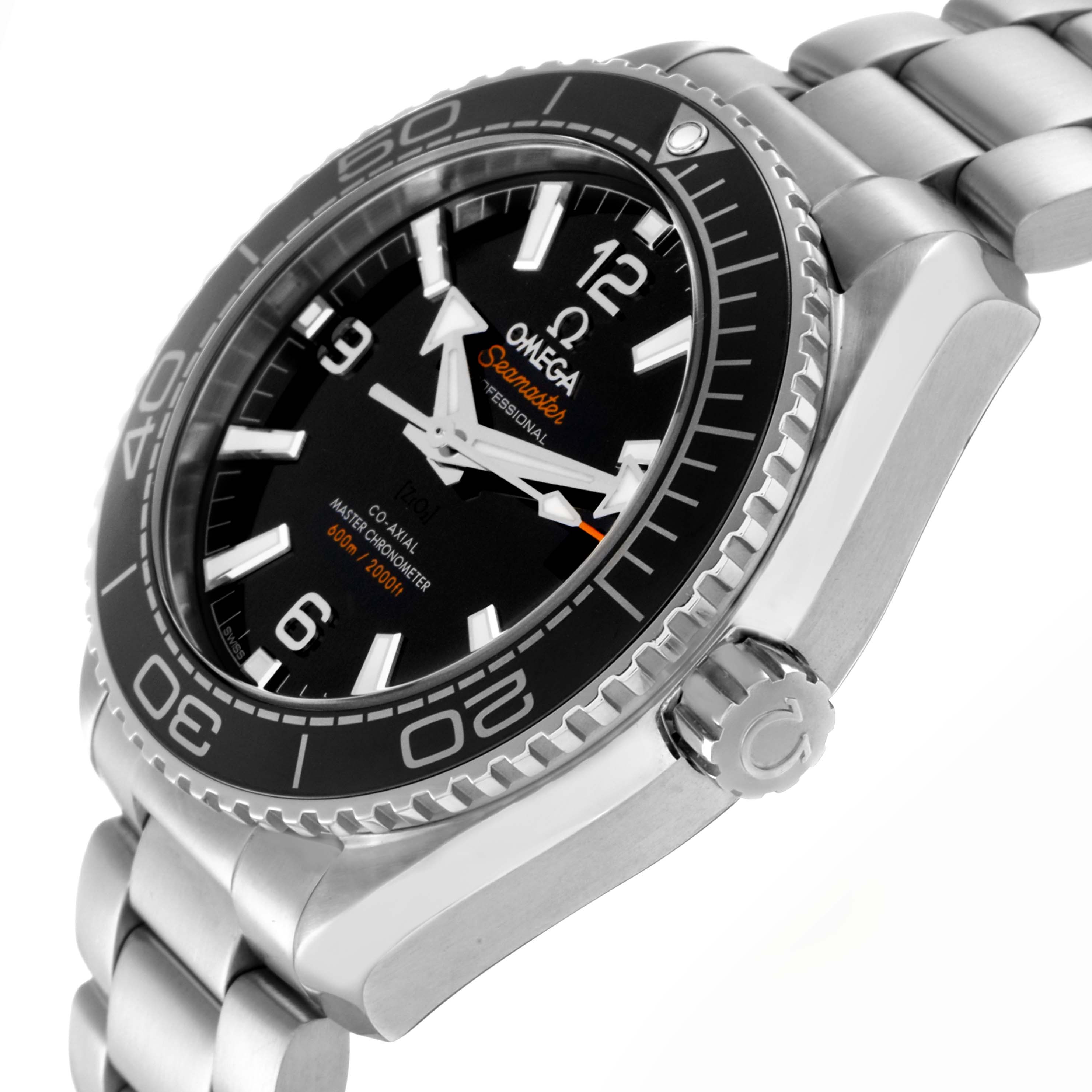 The Omega Planet Ocean 215.30.40.20.01.001 Men
s Stainless Steel Black Dial 215.30.40.20.01.001 Men
s Stainless Steel Black Dial watch is shown from a slight side angle, highlighting the bezel, crown, and part of the bracelet.