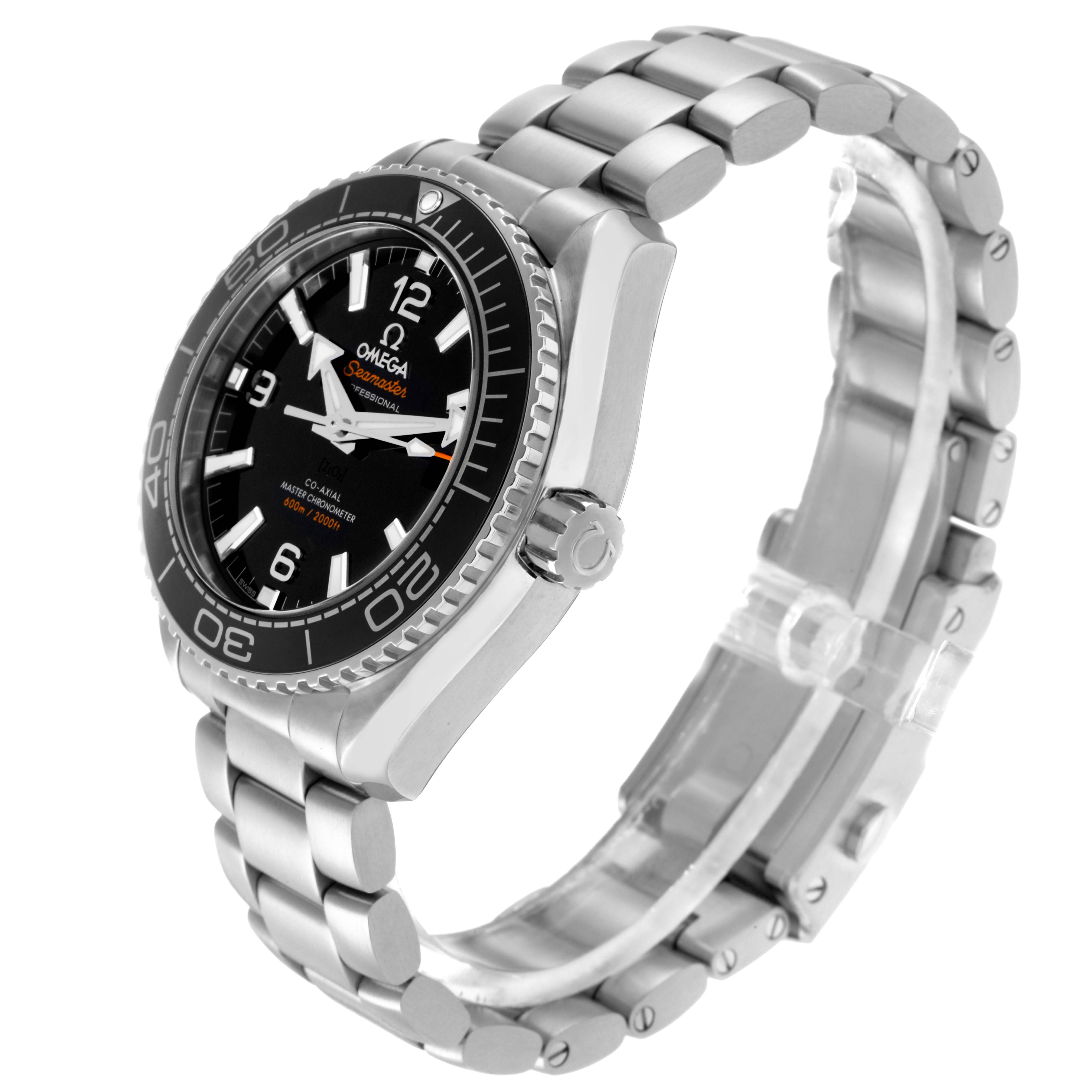 The Omega Planet Ocean 215.30.40.20.01.001 Men
s Stainless Steel Black Dial 215.30.40.20.01.001 Men
s Stainless Steel Black Dial watch is shown at an angled side view, highlighting the bezel, dial, crown, and bracelet.