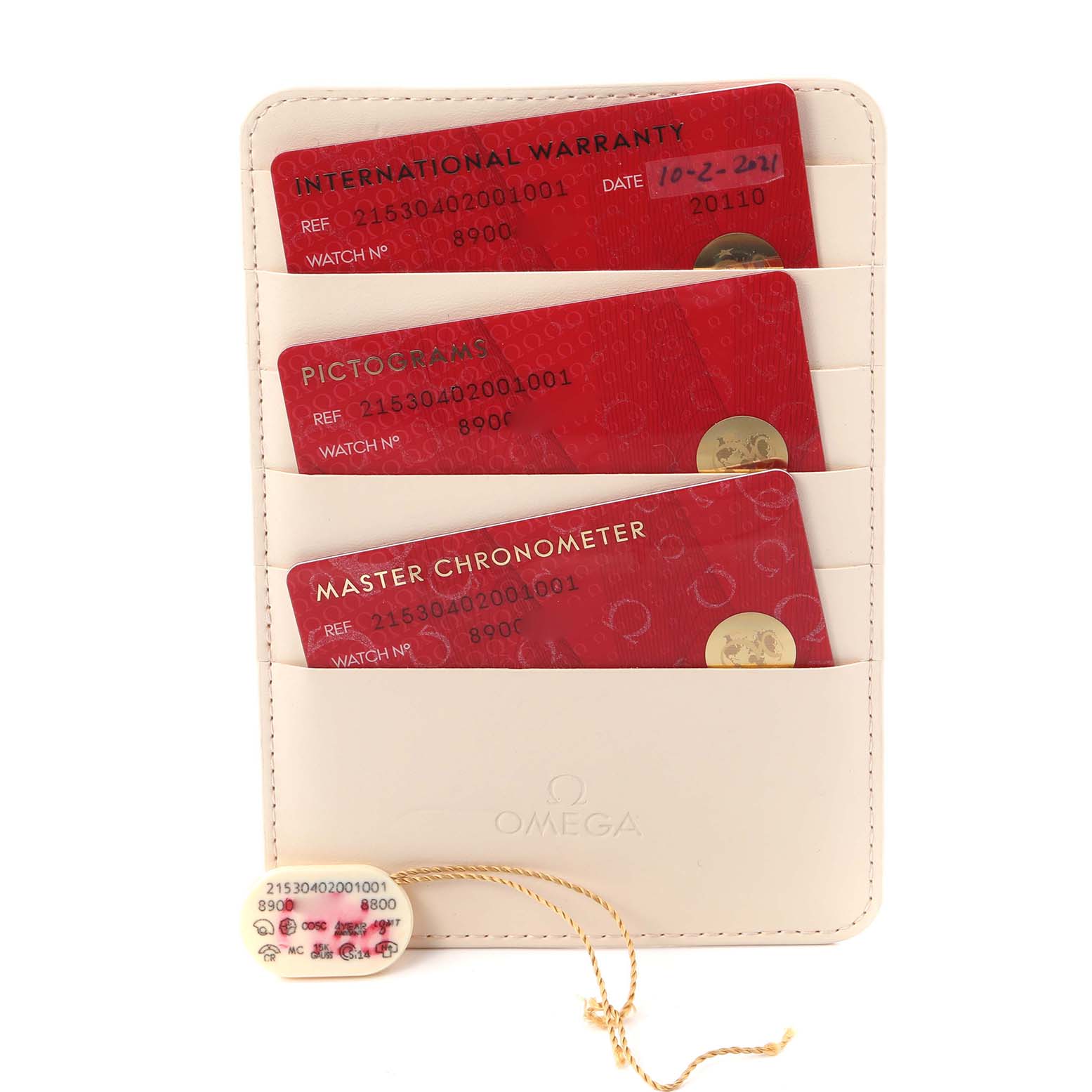 The image shows Omega Planet Ocean 215.30.40.20.01.001 Men
s Stainless Steel Black Dial 215.30.40.20.01.001 Men
s Stainless Steel Black Dial model cards including warranty, pictograms, and chronometer, in a cream holder with a tag.