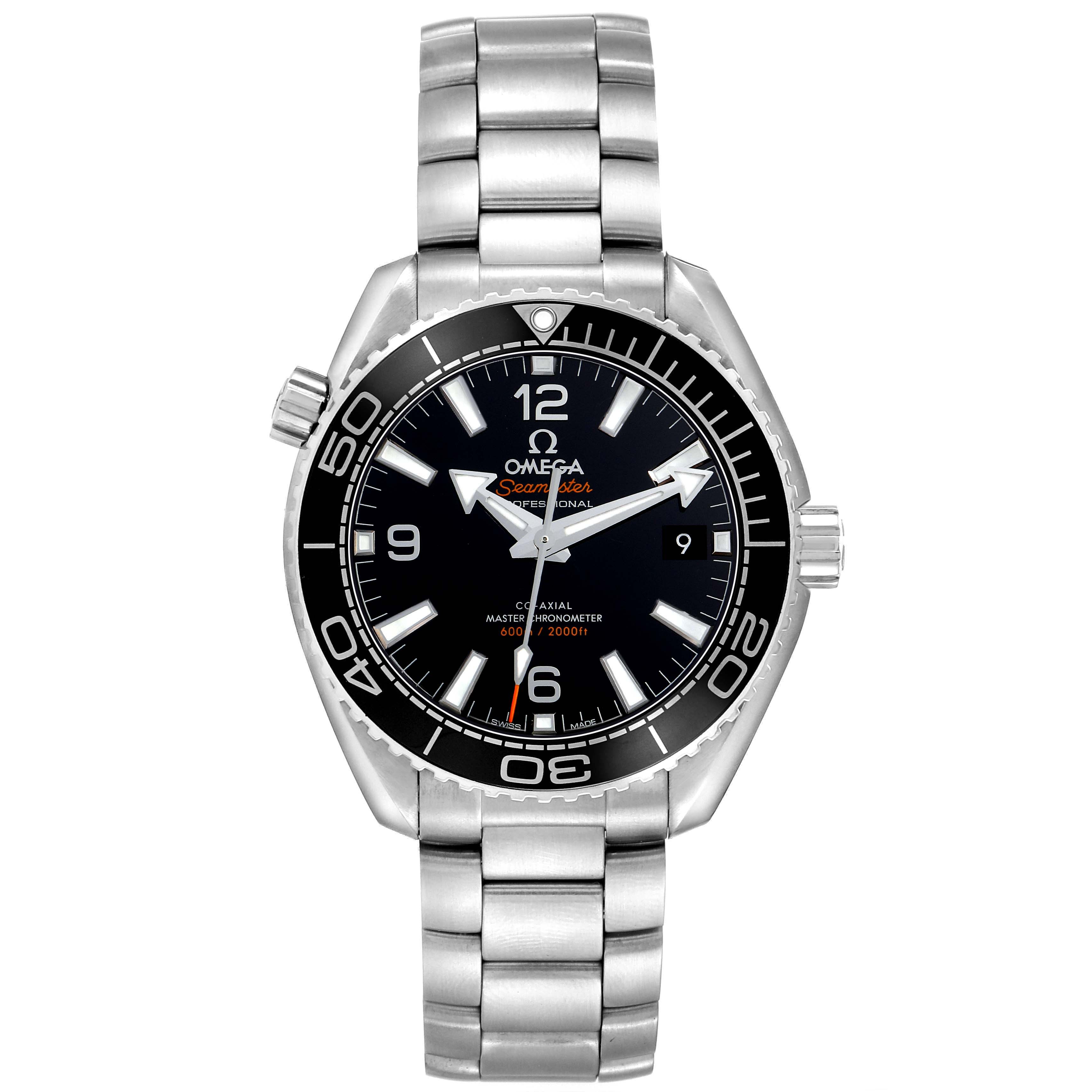 The Omega Planet Ocean 215.30.40.20.01.001 Men
s Stainless Steel Black Dial 215.30.40.20.01.001 Men
s Stainless Steel Black Dial watch is shown from a top-down angle, highlighting its face, bezel, and steel bracelet.