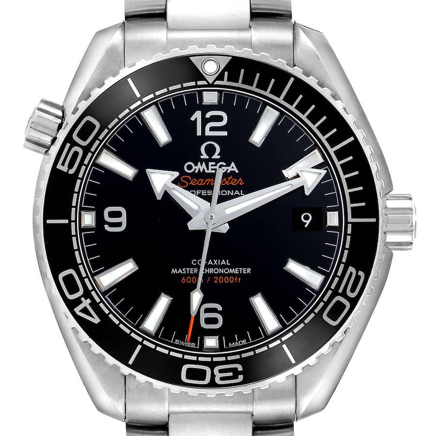 The Omega Planet Ocean watch is shown in a front view, highlighting the dial, hands, indices, bezel, and crown.