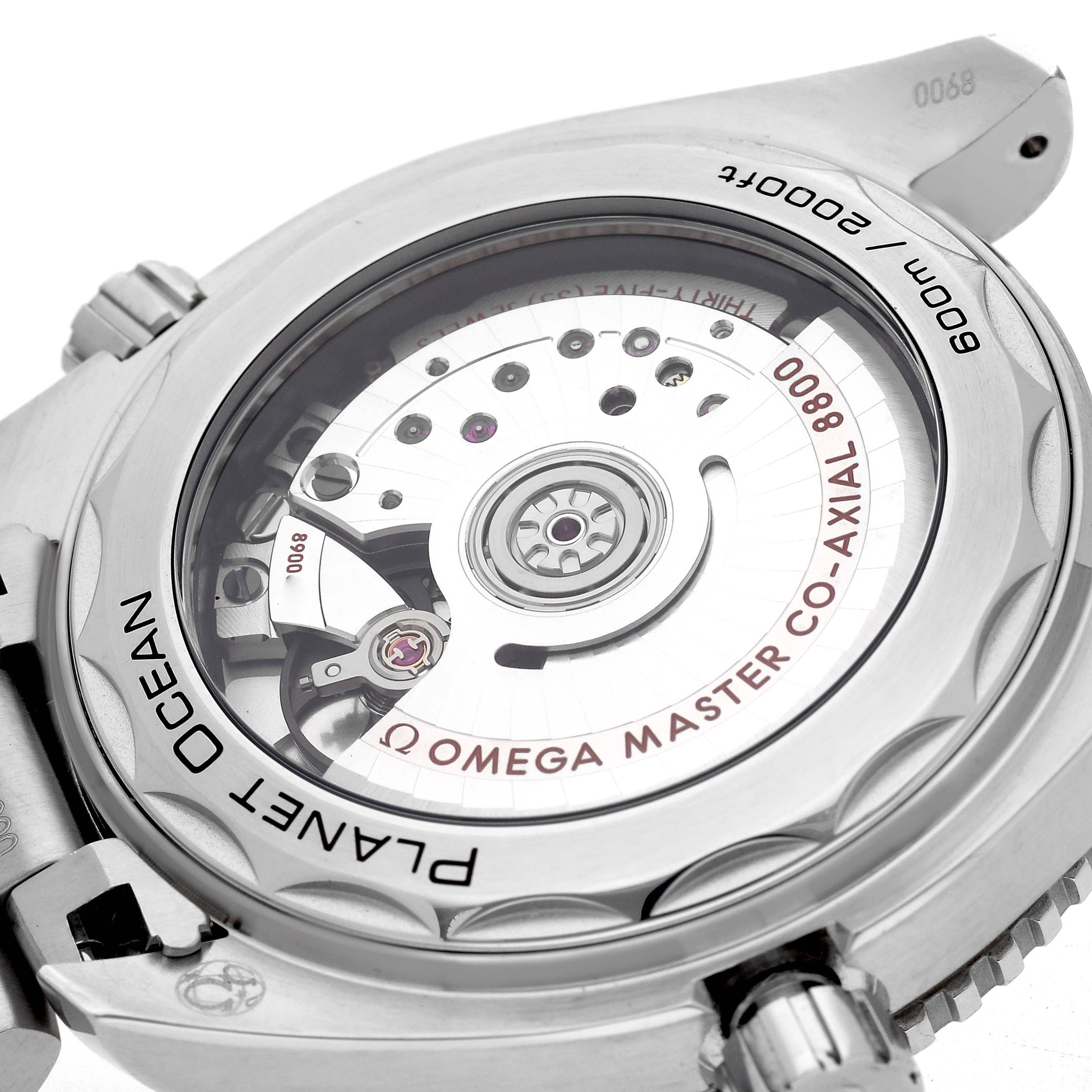 The image shows the back of the Omega Planet Ocean 215.30.40.20.01.001 Men
s Stainless Steel Black Dial 215.30.40.20.01.001 Men
s Stainless Steel Black Dial watch, highlighting the exposed movement and rotor mechanism.