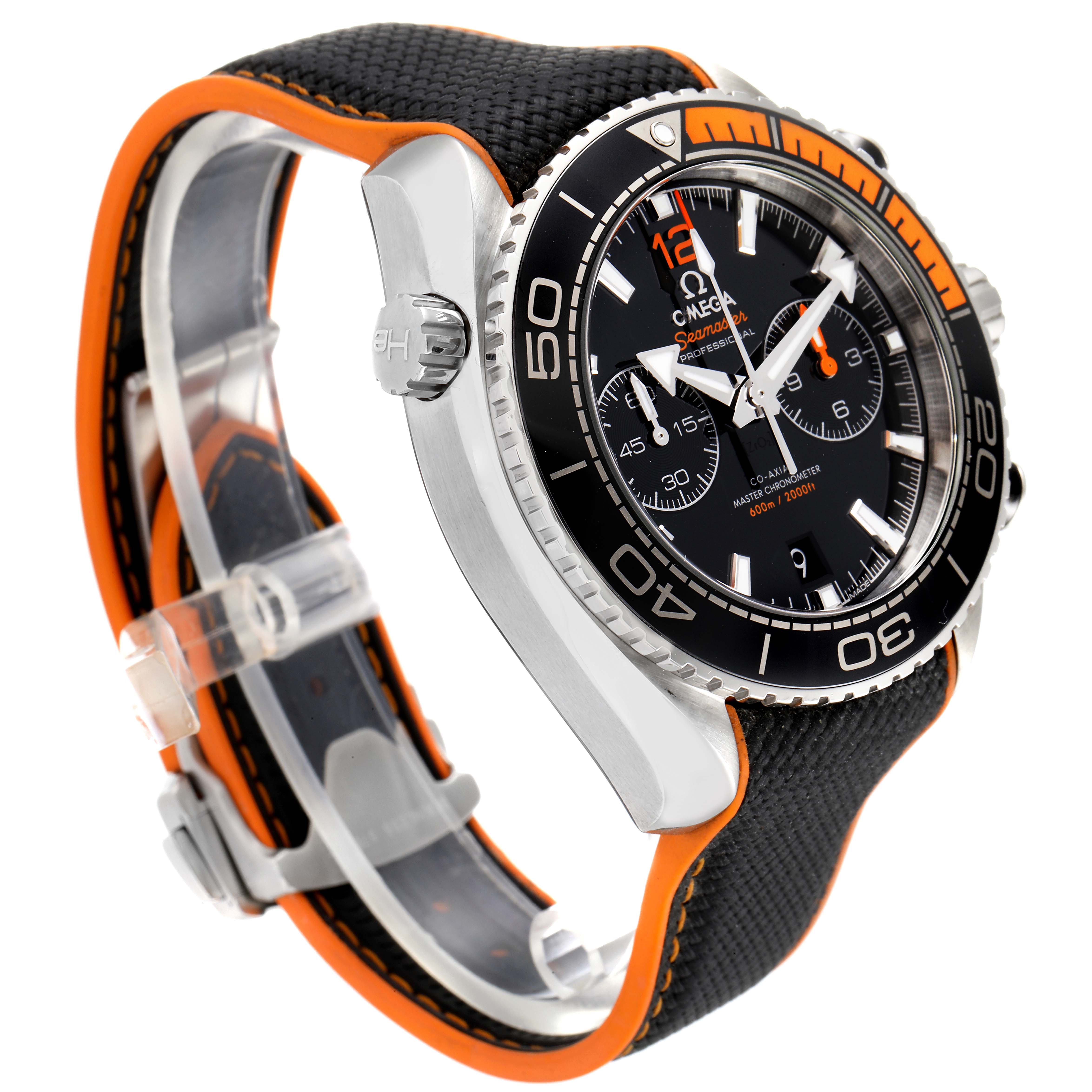 The Omega Planet Ocean 215.32.46.51.01.001 Men
s Stainless Steel Black Dial 215.32.46.51.01.001 Men
s Stainless Steel Black Dial watch is displayed at an angled close-up, showcasing the face, bezel, crown, and part of the strap.