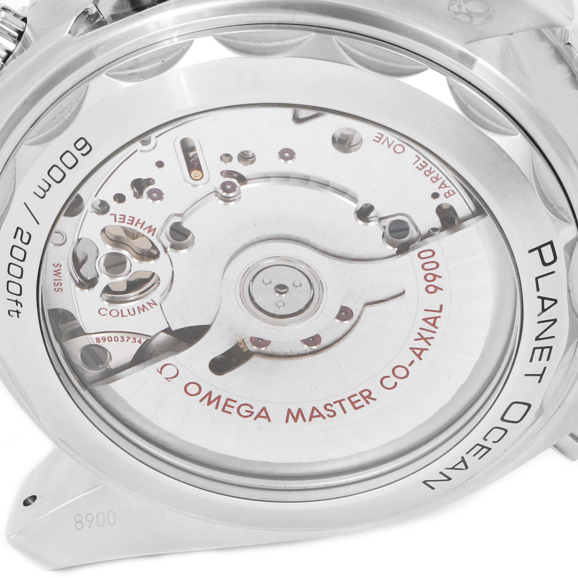 The image shows the case back, movement, and engravings of an Omega Planet Ocean 215.32.46.51.01.001 Men
s Stainless Steel Black Dial 215.32.46.51.01.001 Men
s Stainless Steel Black Dial watch.