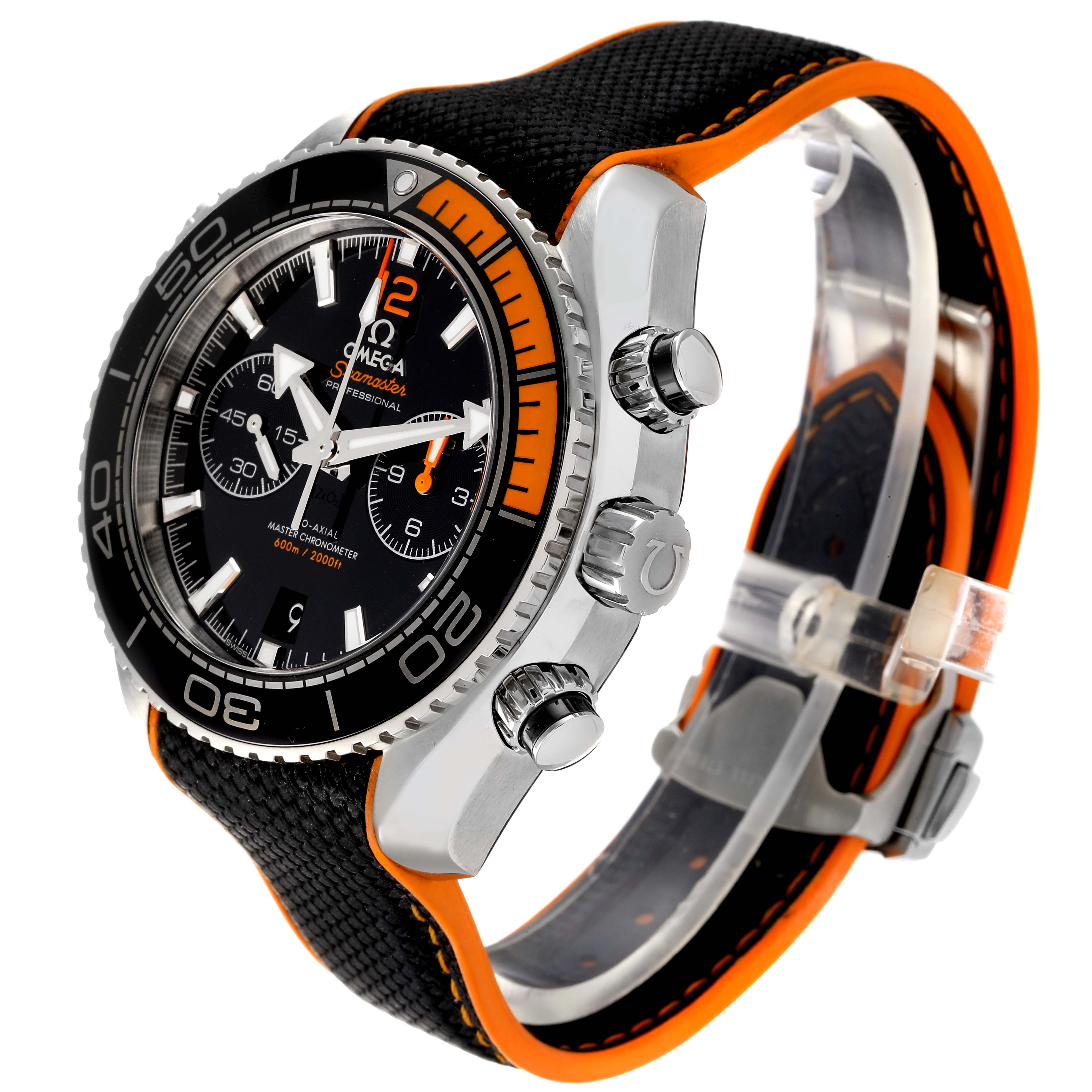 The Omega Planet Ocean 215.32.46.51.01.001 Men
s Stainless Steel Black Dial 215.32.46.51.01.001 Men
s Stainless Steel Black Dial watch is shown at a three-quarter angle, highlighting the bezel, dial, chronograph pushers, and the strap.