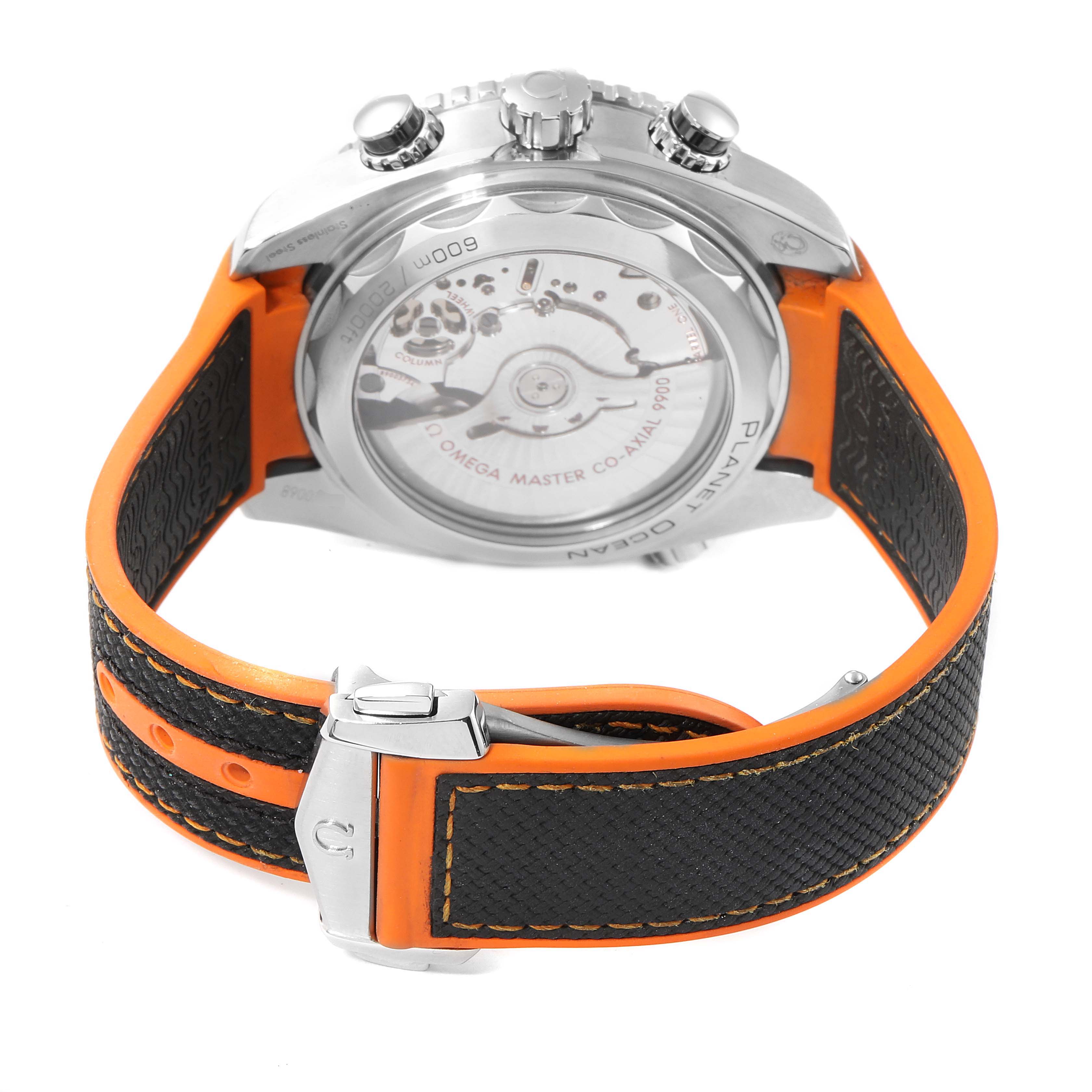 This image shows the back of the Omega Planet Ocean 215.32.46.51.01.001 Men
s Stainless Steel Black Dial 215.32.46.51.01.001 Men
s Stainless Steel Black Dial watch, highlighting the movement and straps.