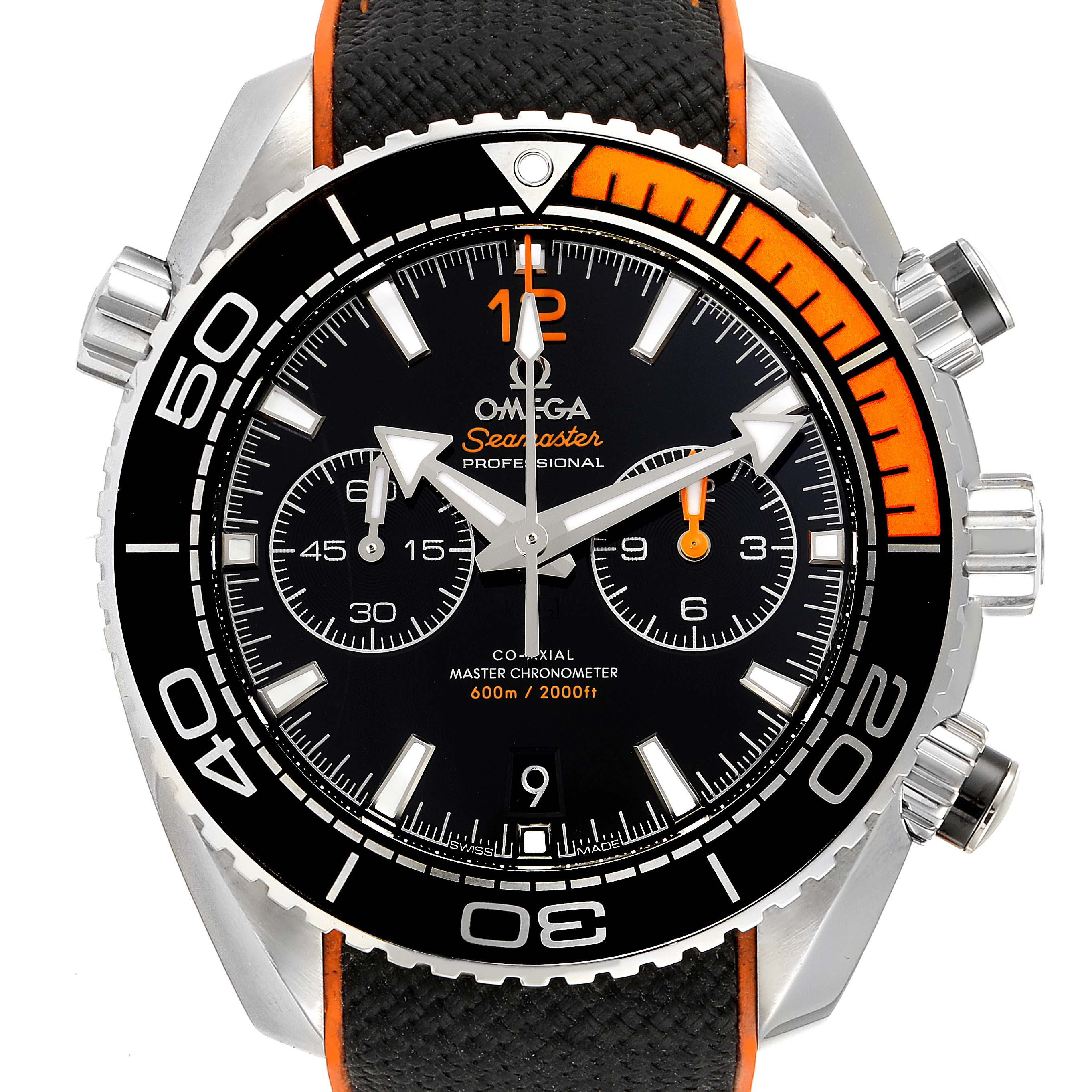 This image shows the dial and bezel of the Omega Planet Ocean 215.32.46.51.01.001 Men
s Stainless Steel Black Dial 215.32.46.51.01.001 Men
s Stainless Steel Black Dial watch, view is from a direct angle.