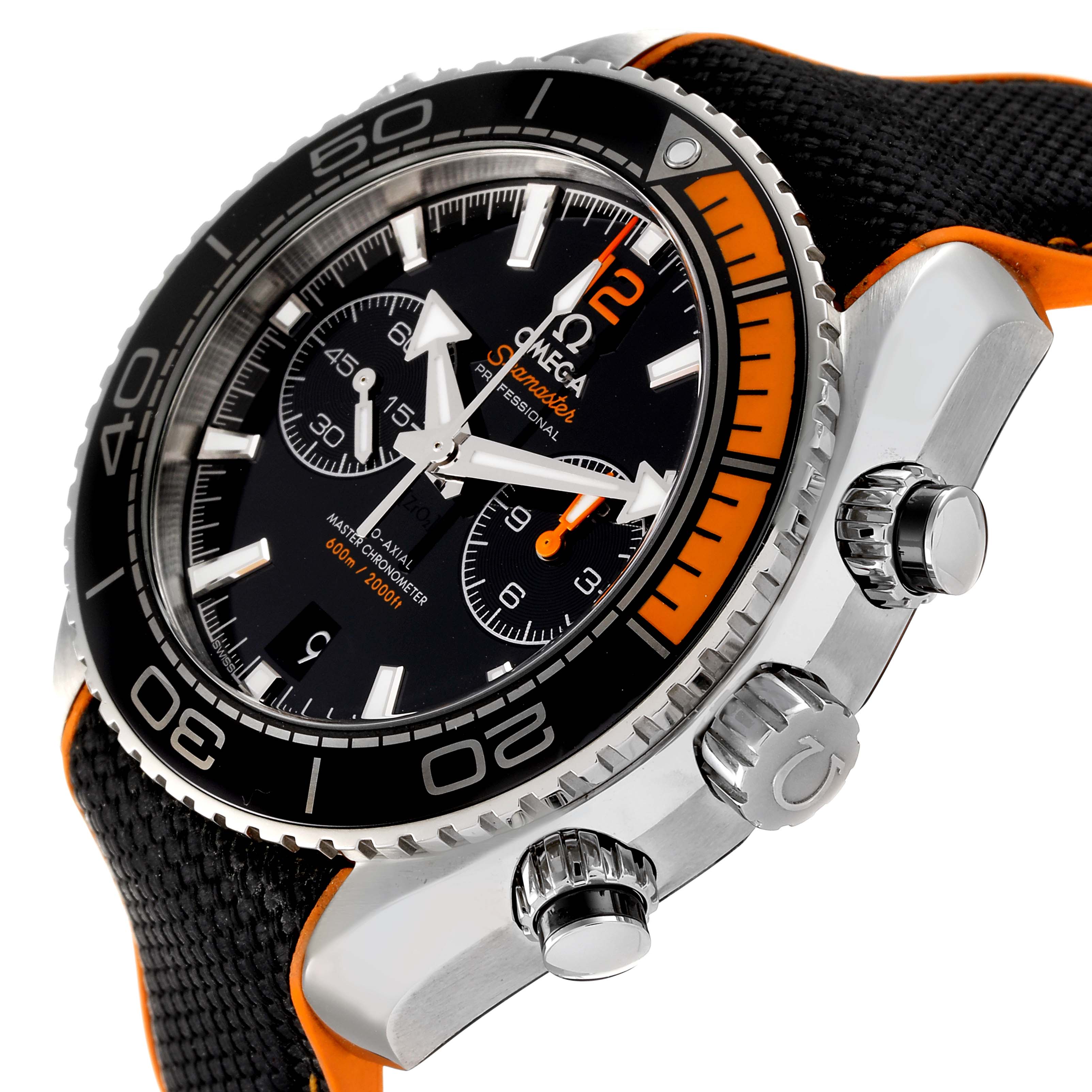 The image shows an Omega Planet Ocean 215.32.46.51.01.001 Men
s Stainless Steel Black Dial 215.32.46.51.01.001 Men
s Stainless Steel Black Dial watch at an angle highlighting the face, bezel, and crown.