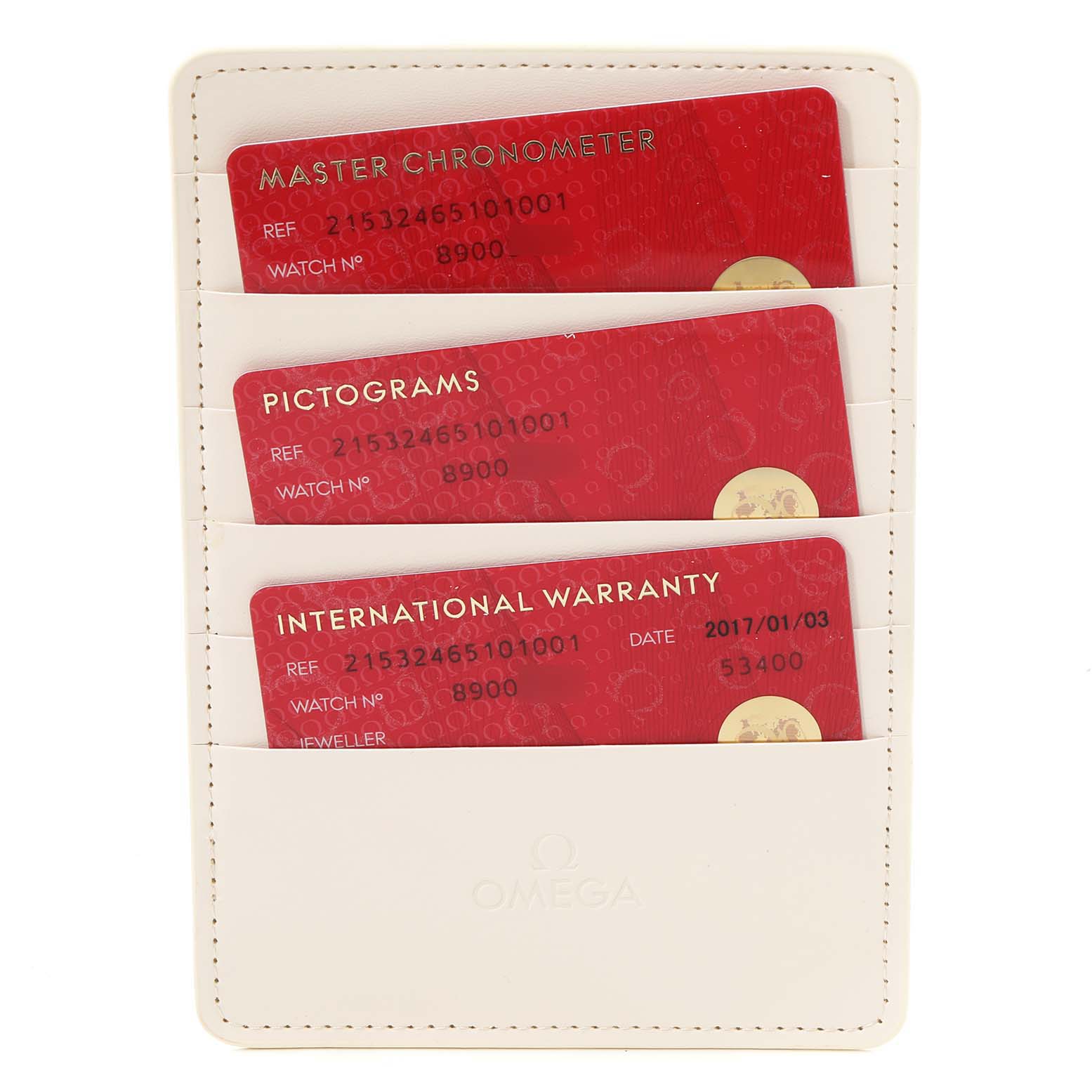 This image shows Omega Planet Ocean 215.32.46.51.01.001 Men
s Stainless Steel Black Dial 215.32.46.51.01.001 Men
s Stainless Steel Black Dial model warranty and certification cards in a card holder from a top-down angle.