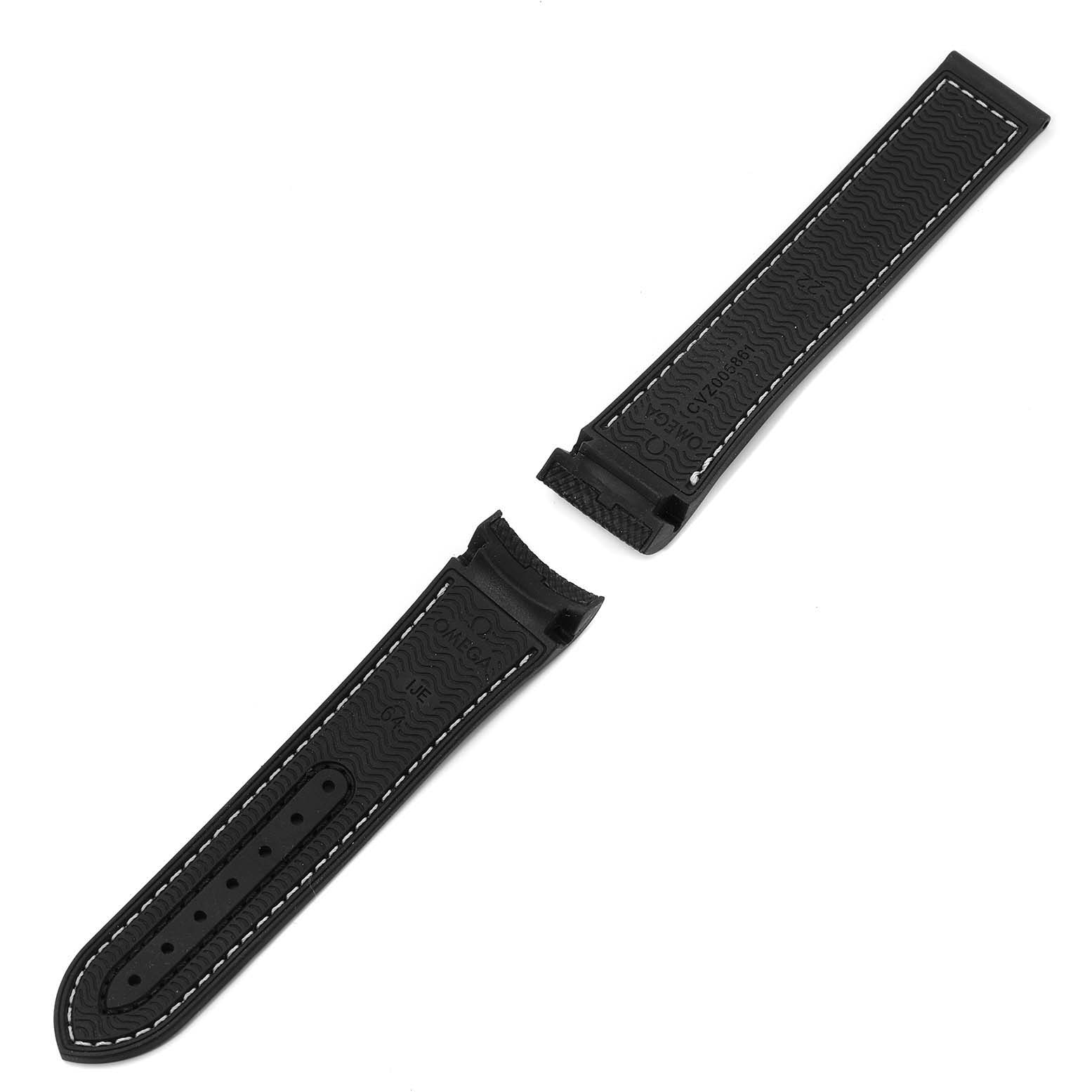 The image shows a replacement strap for the Omega Planet Ocean 215.32.46.51.01.001 Men
s Stainless Steel Black Dial 215.32.46.51.01.001 Men
s Stainless Steel Black Dial watch, featuring black material with white stitching.