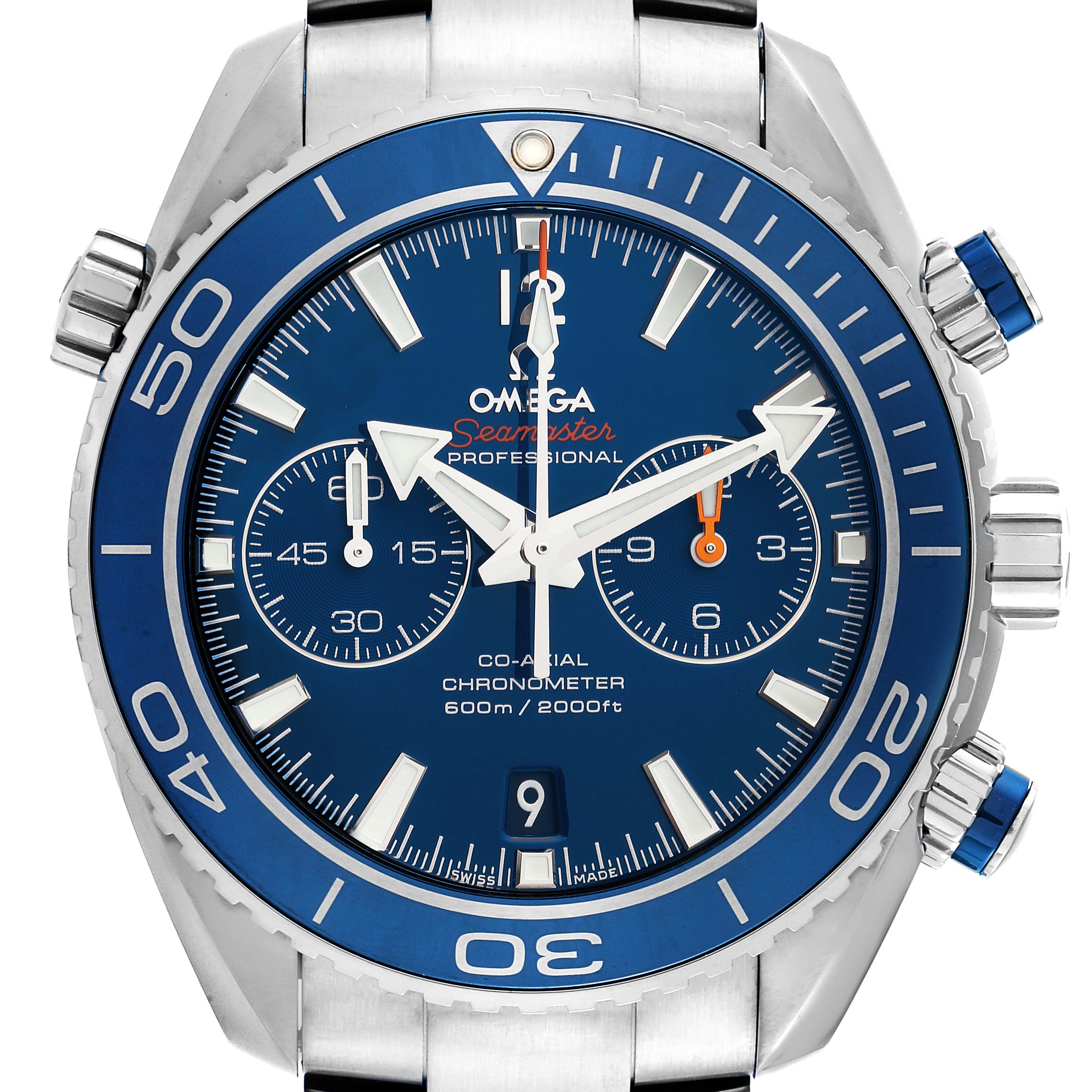 The image shows a front view of the Omega Planet Ocean 232.90.46.51.03.001 Men
s Titanium Blue Dial 232.90.46.51.03.001 Men
s Titanium Blue Dial model watch, highlighting the dial, bezel, crown, and chronograph subdials.