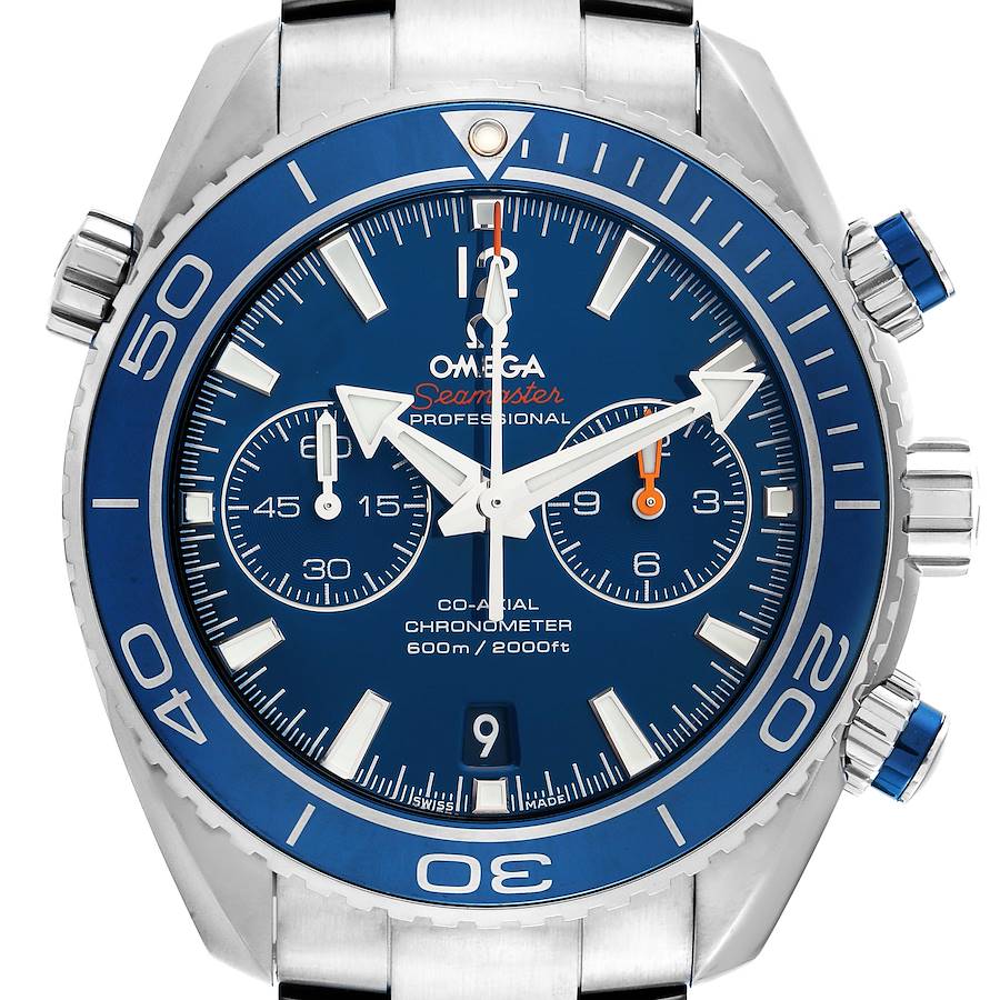 The image shows a front view of the Omega Planet Ocean model watch, highlighting the dial, bezel, crown, and chronograph subdials.