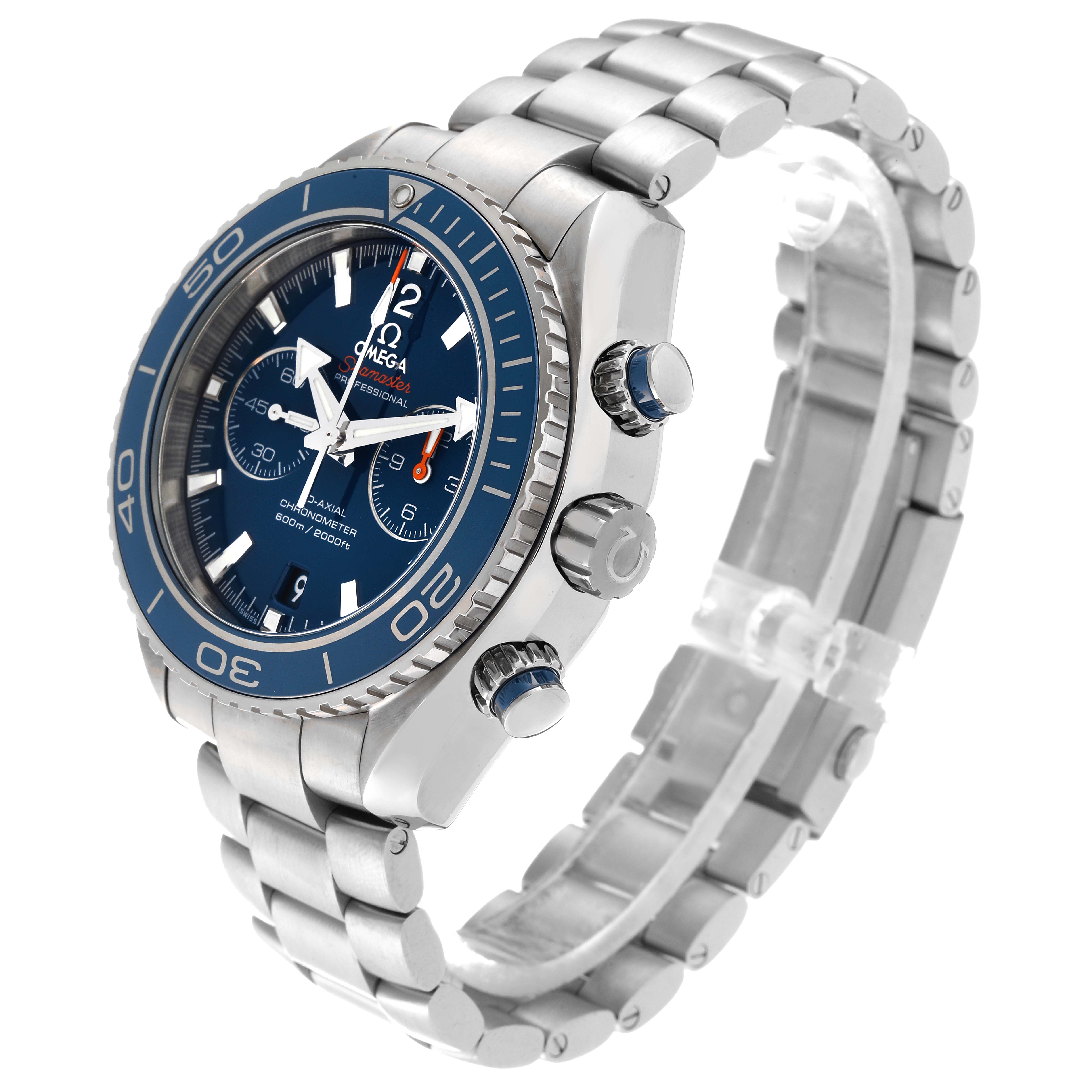 The image shows a side-angle view of the Omega Planet Ocean 232.90.46.51.03.001 Men
s Titanium Blue Dial 232.90.46.51.03.001 Men
s Titanium Blue Dial watch, highlighting its bezel, crown, chronograph pushers, and stainless steel bracelet.