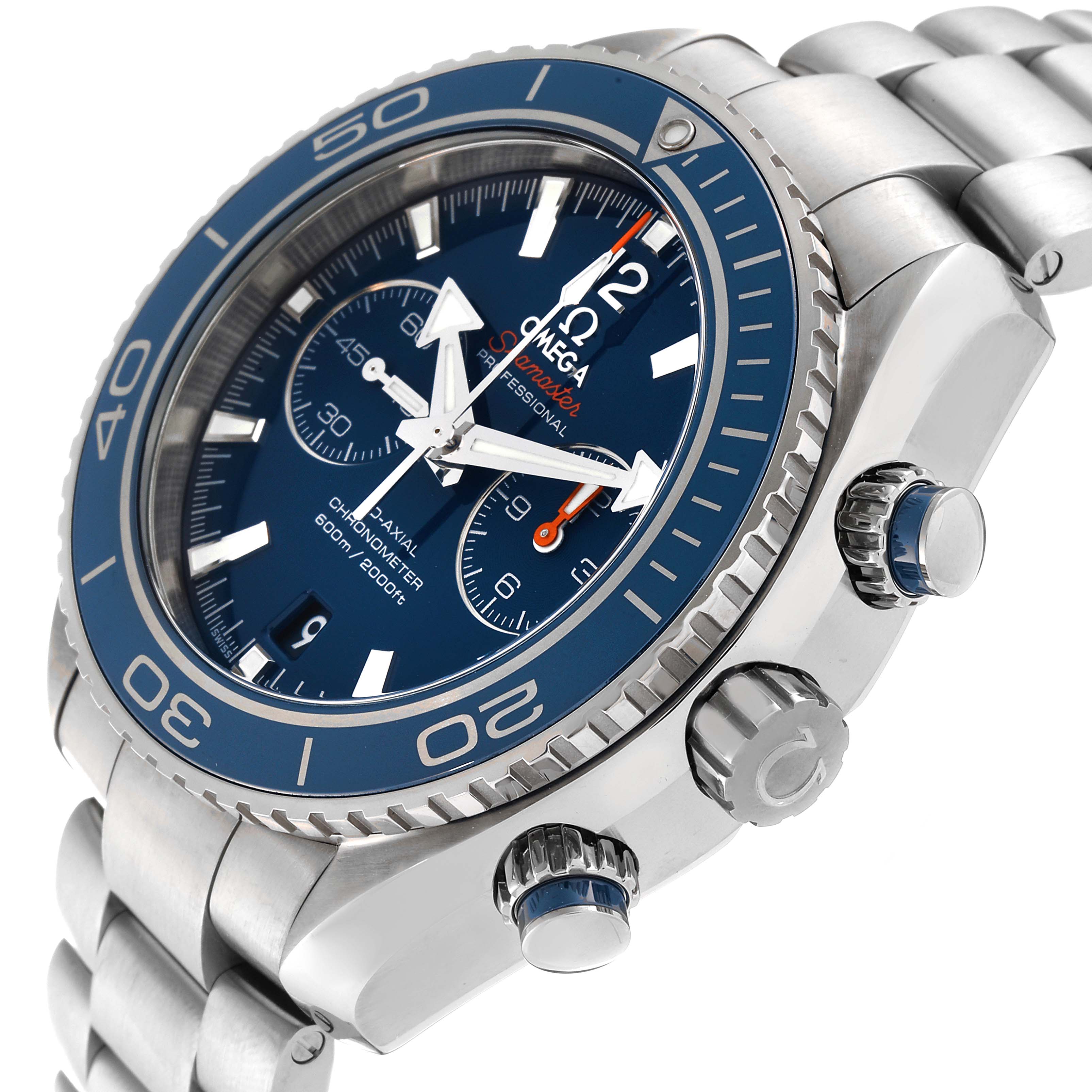 The Omega Planet Ocean 232.90.46.51.03.001 Men
s Titanium Blue Dial 232.90.46.51.03.001 Men
s Titanium Blue Dial model watch is shown at a slight side angle, featuring the bezel, dial, crown, and stainless steel bracelet.