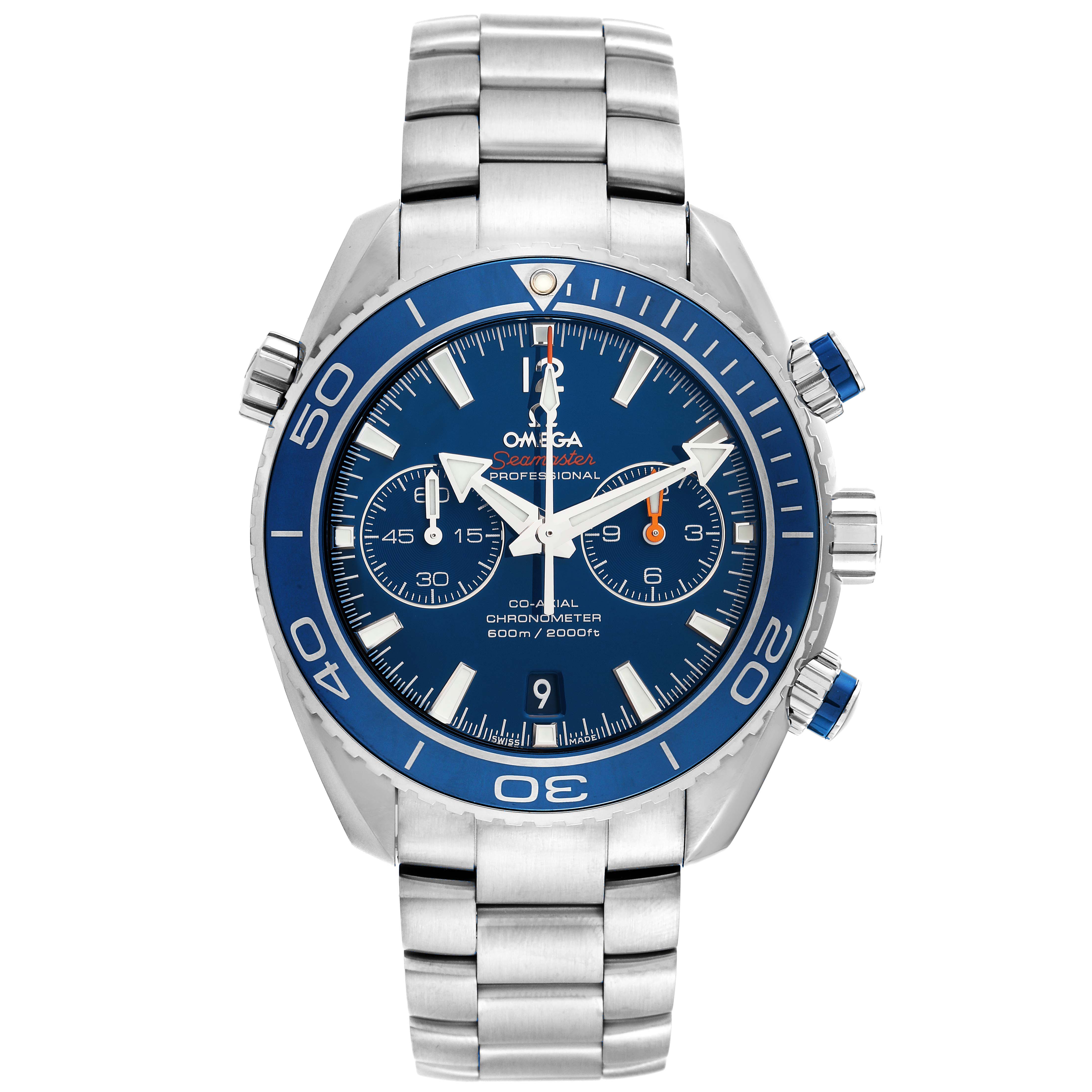 This image shows a frontal angle of the Omega Planet Ocean 232.90.46.51.03.001 Men
s Titanium Blue Dial 232.90.46.51.03.001 Men
s Titanium Blue Dial watch, highlighting the blue dial, stainless steel case, and bracelet.