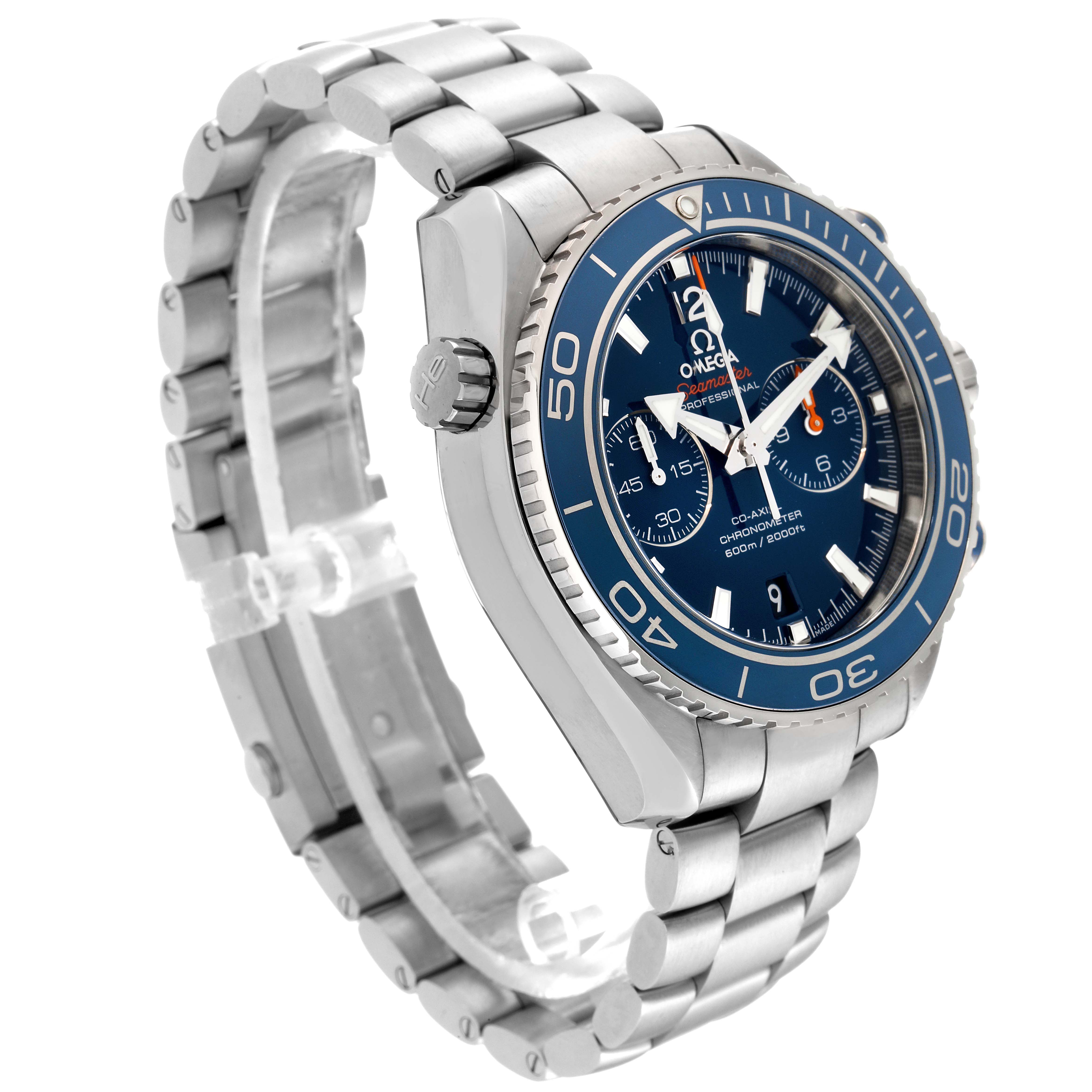 The Omega Planet Ocean 232.90.46.51.03.001 Men
s Titanium Blue Dial 232.90.46.51.03.001 Men
s Titanium Blue Dial watch is shown from an angled side view, highlighting its face, bezel, crown, and stainless steel bracelet.
