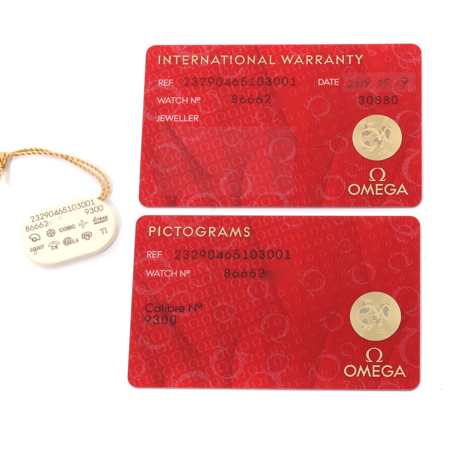 The image shows the international warranty card, pictograms card, and an identification tag for the Omega Planet Ocean 232.90.46.51.03.001 Men
s Titanium Blue Dial 232.90.46.51.03.001 Men
s Titanium Blue Dial watch model.