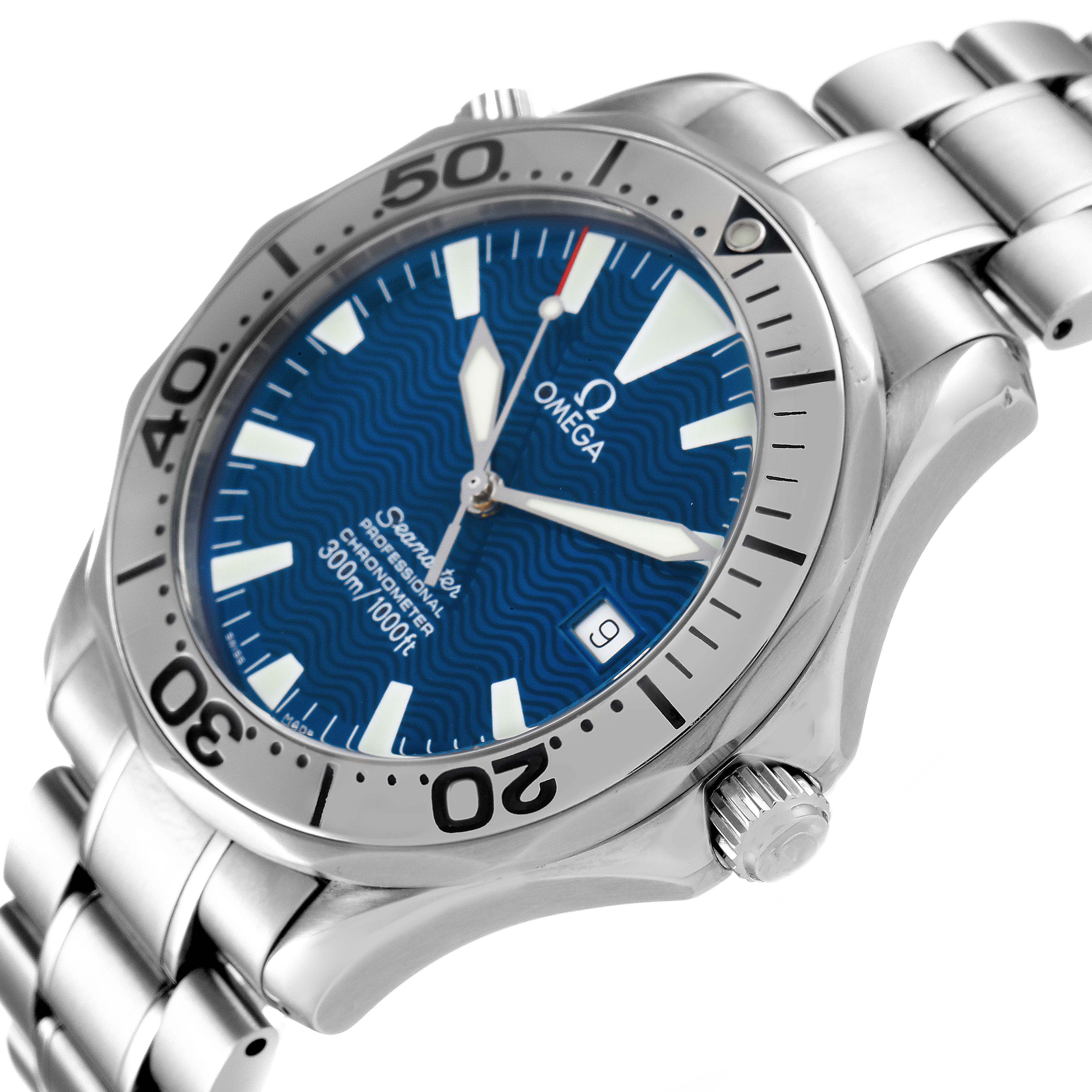 The Omega Seamaster 2255.80.00 Men
s Stainless Steel Blue Dial 2255.80.00 Men
s Stainless Steel Blue Dial watch is shown at a slight angle, featuring its bezel, dial, bracelet, crown, and date window.