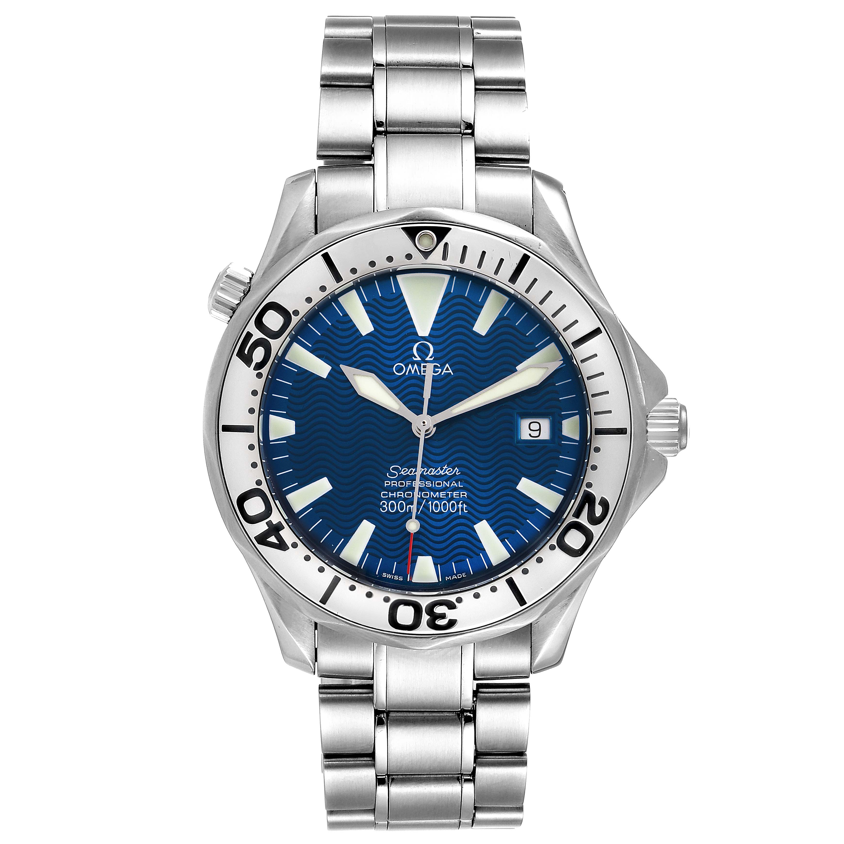 The image shows a front view of an Omega Seamaster 2255.80.00 Men
s Stainless Steel Blue Dial 2255.80.00 Men
s Stainless Steel Blue Dial watch, displaying its blue dial, bezel, date window, and stainless steel bracelet.