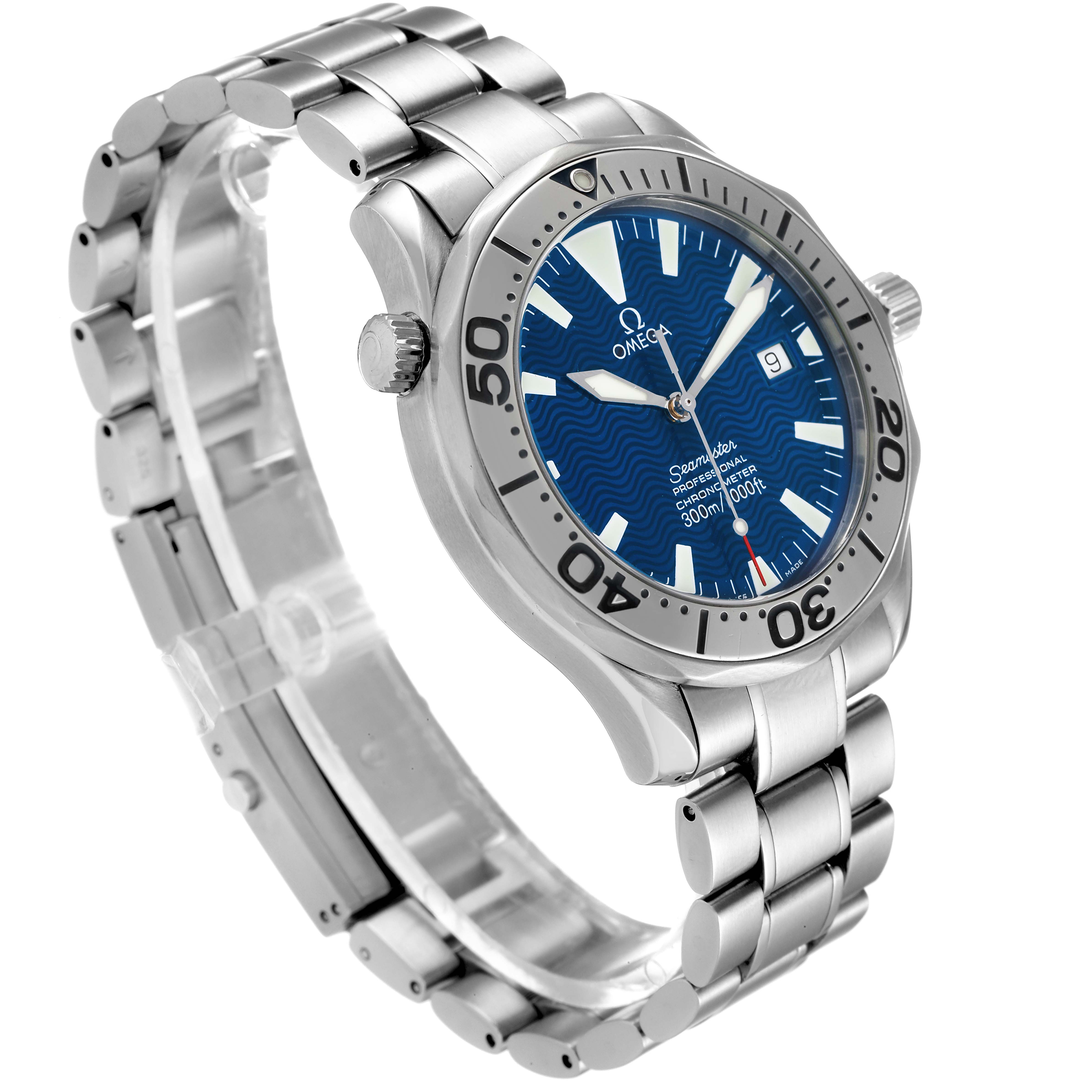 The image shows the Omega Seamaster 2255.80.00 Men
s Stainless Steel Blue Dial 2255.80.00 Men
s Stainless Steel Blue Dial watch from an angled view, displaying its dial, bezel, crown, and metal bracelet.