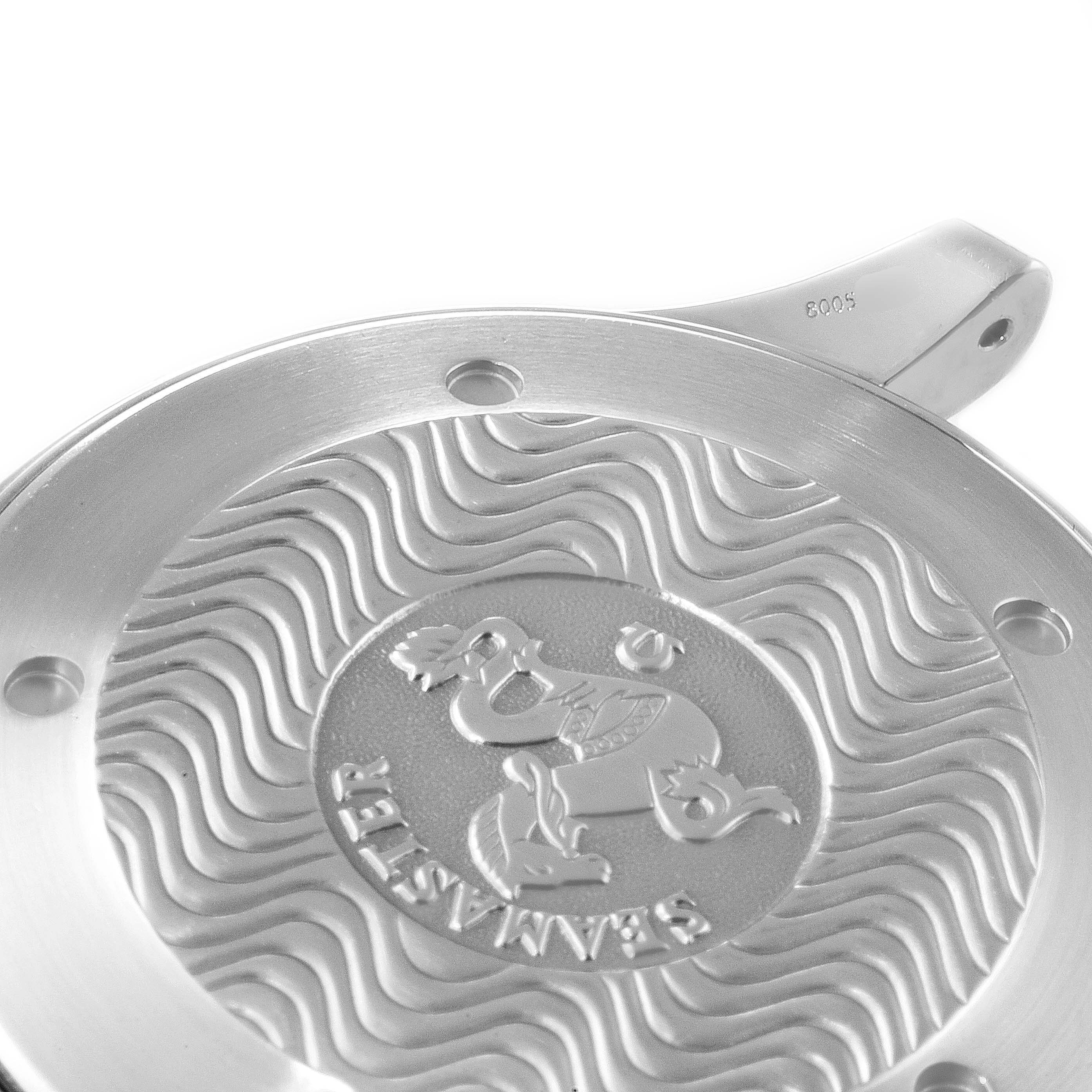 This image shows the close-up of the case back of an Omega Seamaster 2255.80.00 Men
s Stainless Steel Blue Dial 2255.80.00 Men
s Stainless Steel Blue Dial watch, highlighting the embossed design and branding.