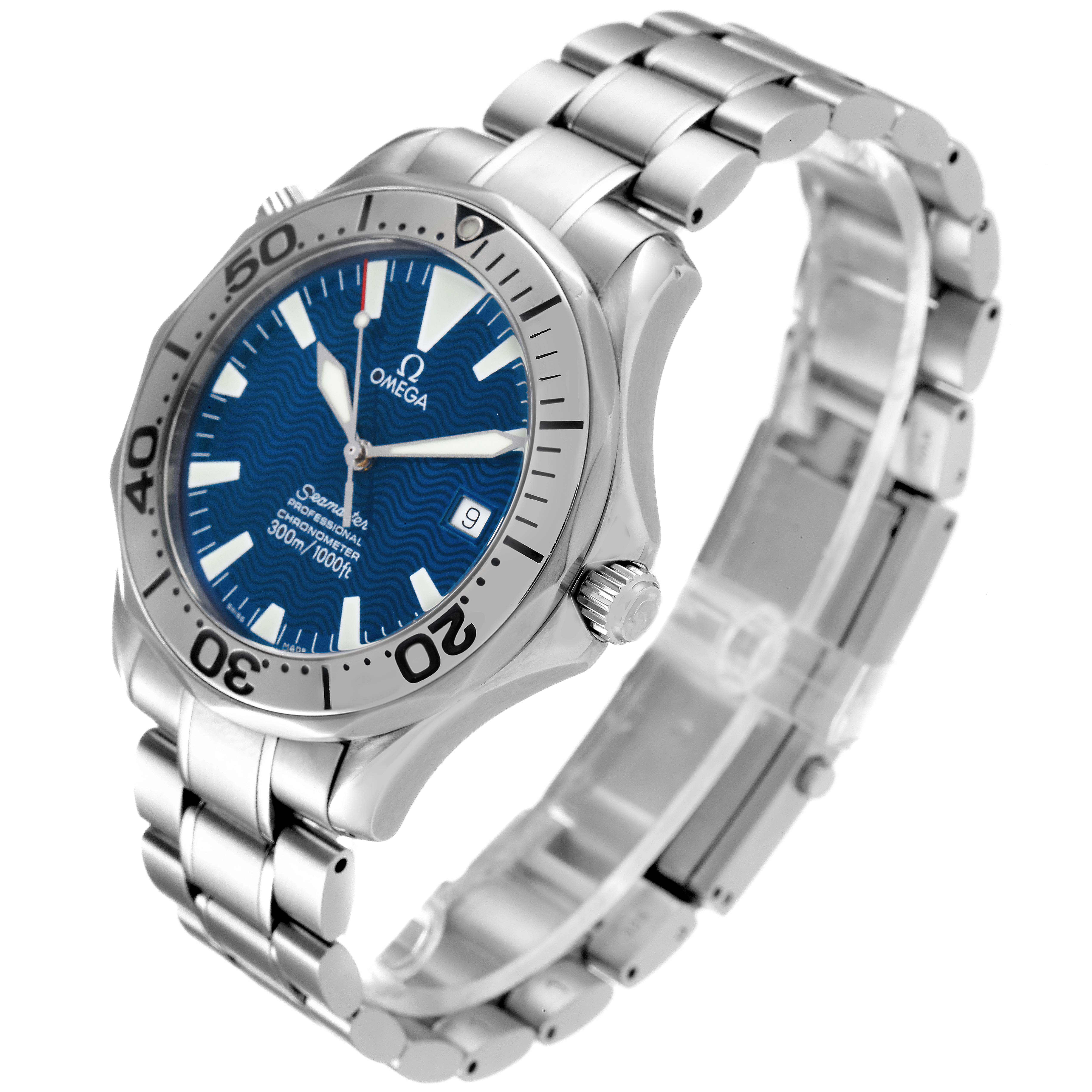 The Omega Seamaster 2255.80.00 Men
s Stainless Steel Blue Dial 2255.80.00 Men
s Stainless Steel Blue Dial watch is shown at a three-quarter angle, displaying its blue dial, stainless steel bracelet, and bezel.