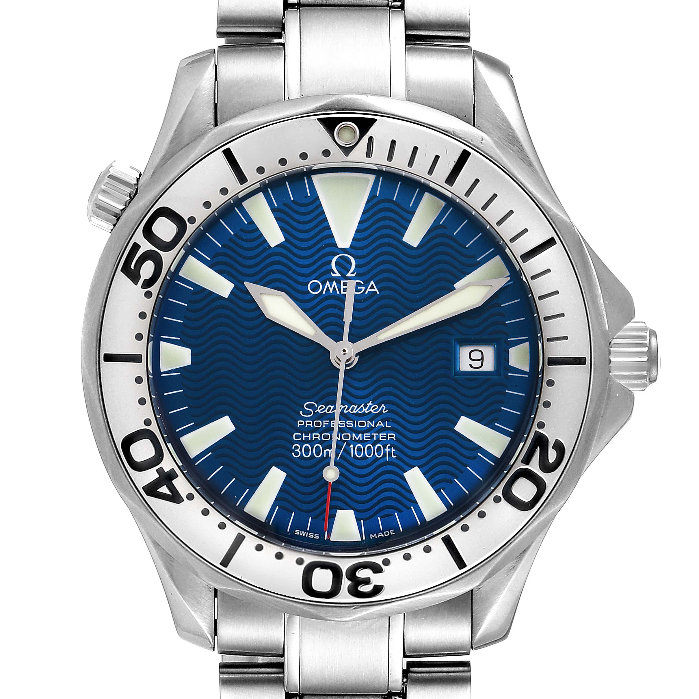 The image shows a front view of the Omega Seamaster 2255.80.00 Men
s Stainless Steel Blue Dial 2255.80.00 Men
s Stainless Steel Blue Dial watch, highlighting its blue dial, bezel, and stainless steel bracelet.