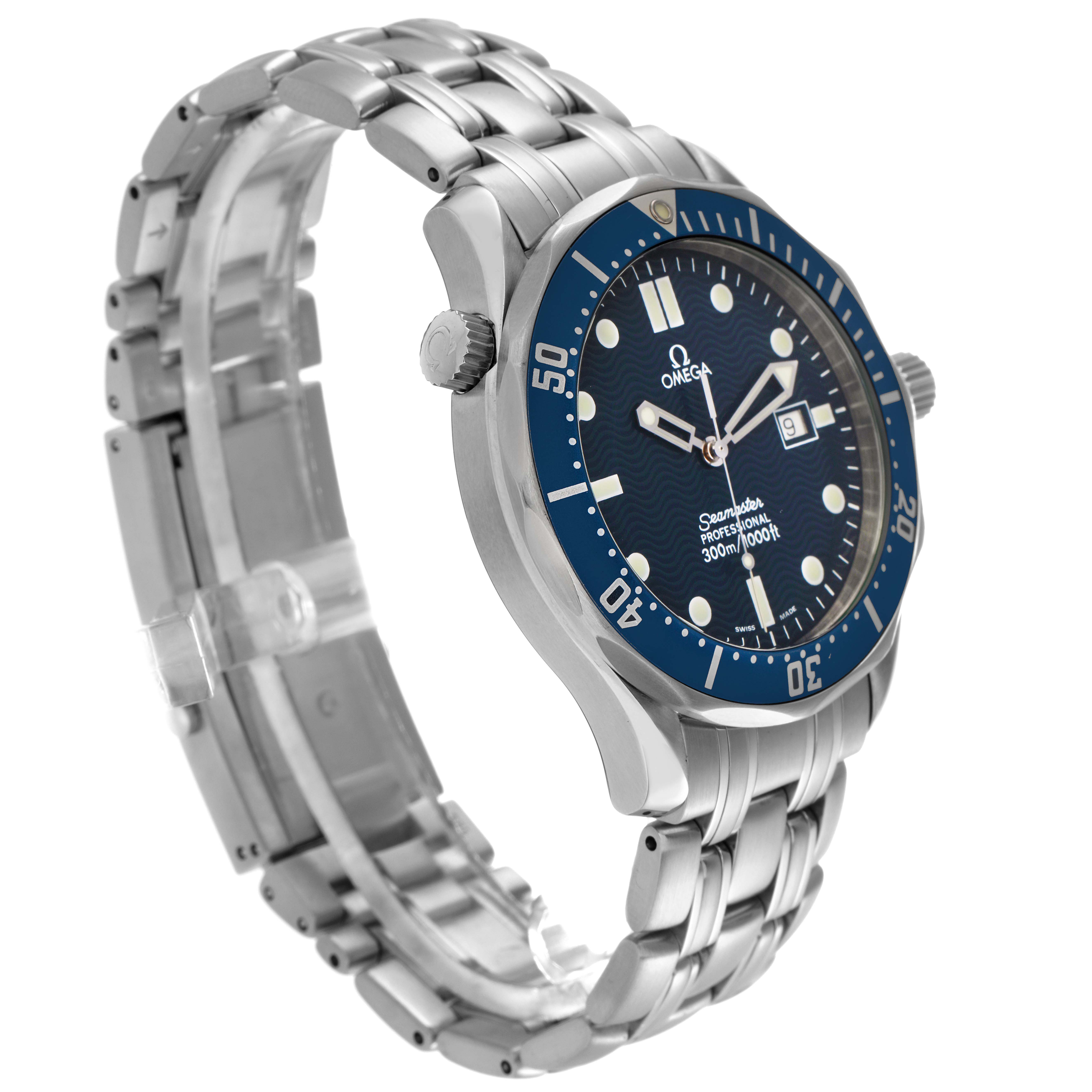 The Omega Seamaster 2541.80.00 Men
s Stainless Steel Blue Dial 2541.80.00 Men
s Stainless Steel Blue Dial watch is shown at a slight side angle, highlighting the bezel, face, band, and crown.