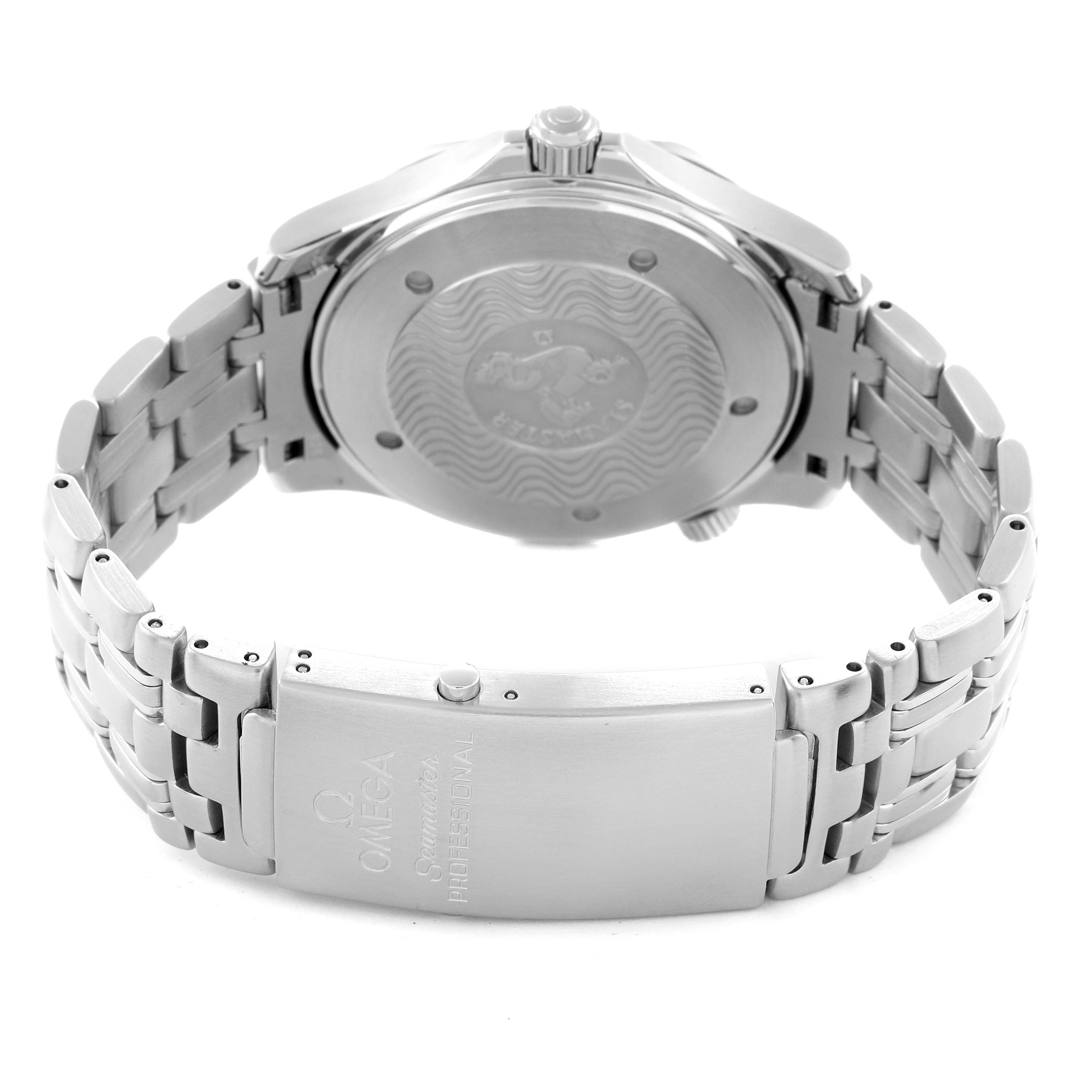 The image shows the back case and metal bracelet of an Omega Seamaster 2541.80.00 Men
s Stainless Steel Blue Dial 2541.80.00 Men
s Stainless Steel Blue Dial watch with the Omega logo and "Professional" inscribed on the clasp.