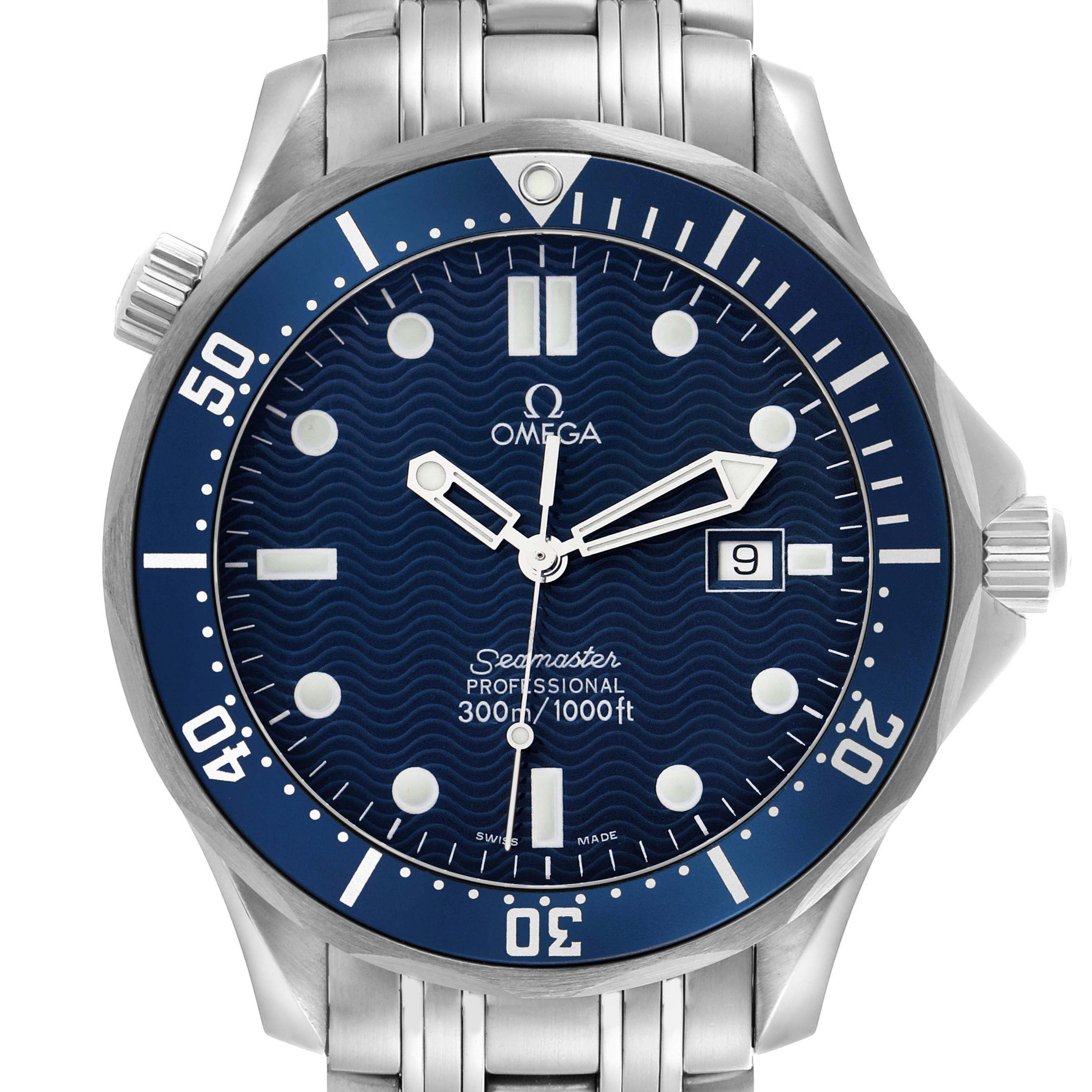 The Omega Seamaster 2541.80.00 Men
s Stainless Steel Blue Dial 2541.80.00 Men
s Stainless Steel Blue Dial watch is shown from the front, displaying the dial, bezel, and part of the bracelet.