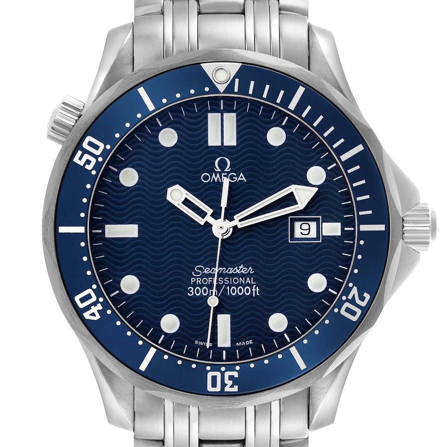 The Omega Seamaster watch is shown from the front, displaying the dial, bezel, and part of the bracelet.