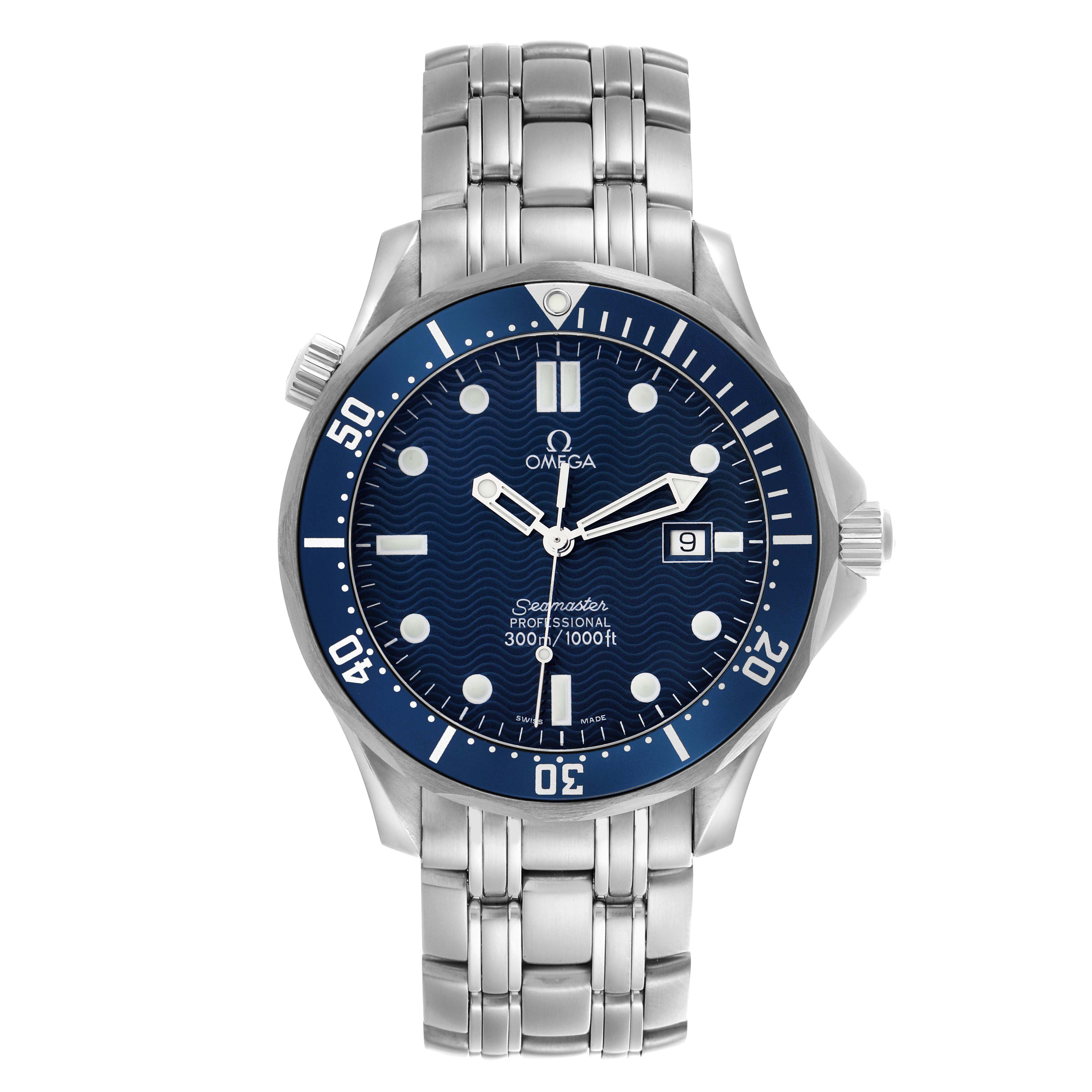The Omega Seamaster 2541.80.00 Men
s Stainless Steel Blue Dial 2541.80.00 Men
s Stainless Steel Blue Dial watch is shown from a front angle, displaying the face, bezel, and bracelet.