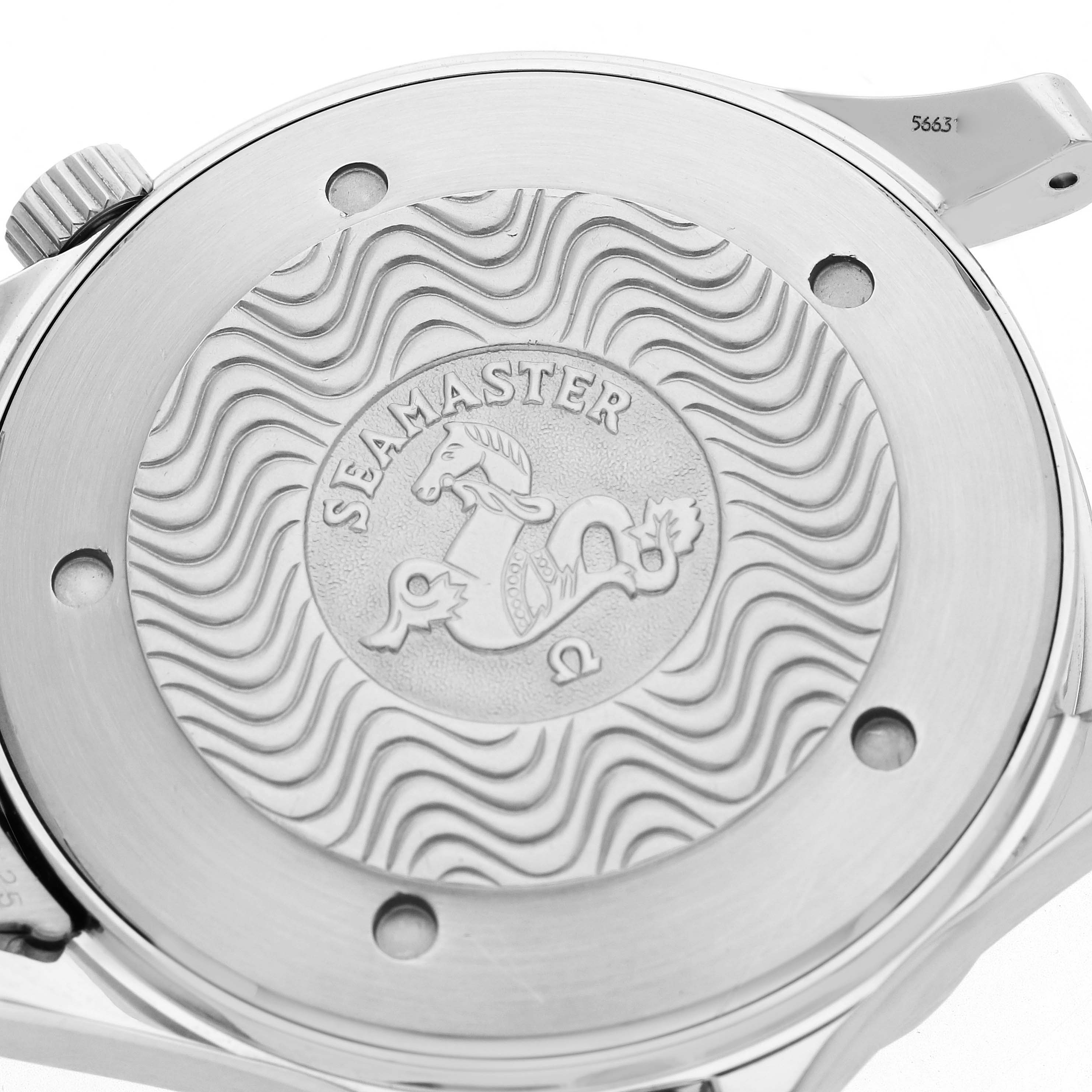 The image shows the case back of an Omega Seamaster 2541.80.00 Men
s Stainless Steel Blue Dial 2541.80.00 Men
s Stainless Steel Blue Dial watch with the engraved logo and wave pattern.