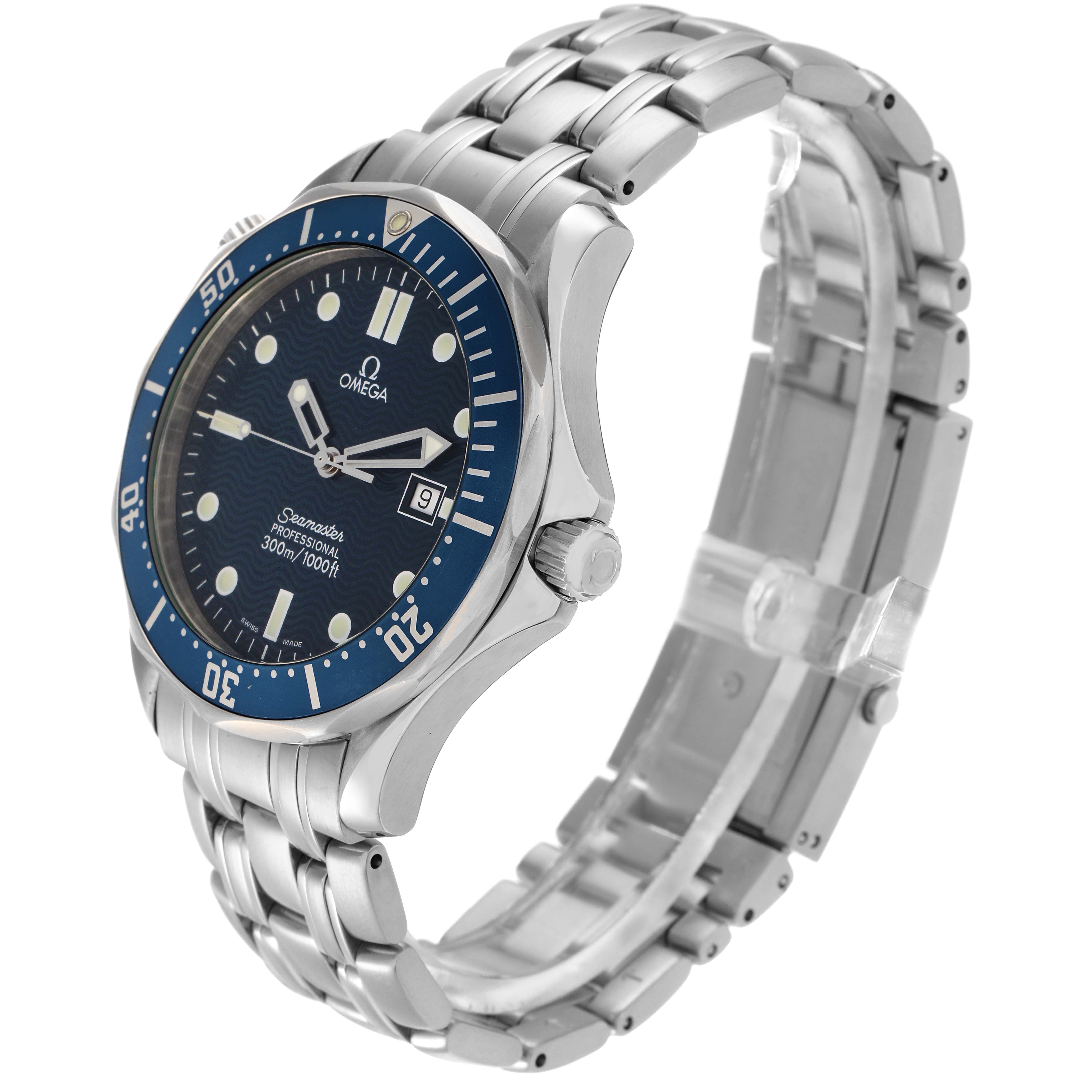 The Omega Seamaster 2541.80.00 Men
s Stainless Steel Blue Dial 2541.80.00 Men
s Stainless Steel Blue Dial watch is shown at a side angle, highlighting the dial, crown, bezel, and stainless steel bracelet.
