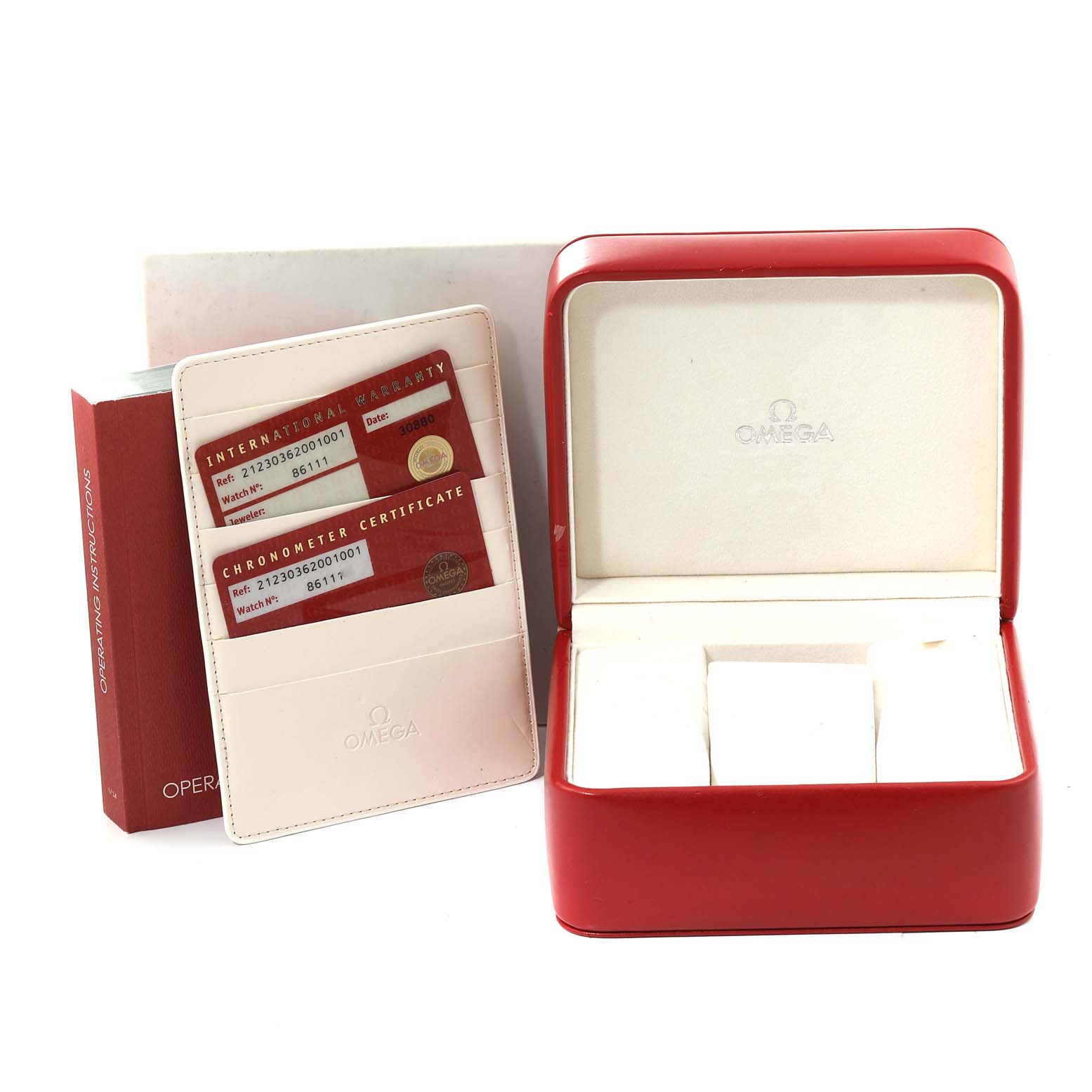 The image shows an Omega Seamaster 212.30.36.20.01.001 Men
s Stainless Steel Black Dial 212.30.36.20.01.001 Men
s Stainless Steel Black Dial watch box, warranty cards, certificates, and an instruction manual at an angle.