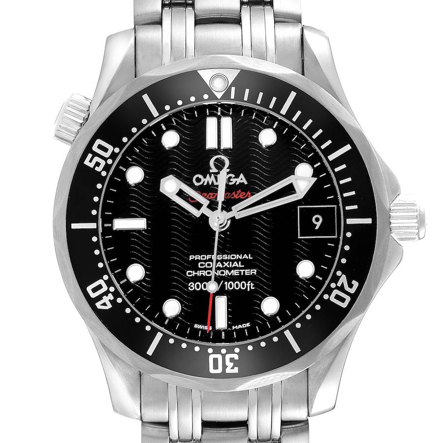 The Omega Seamaster watch is shown from the front, displaying the dial, bezel, and part of the metal bracelet.