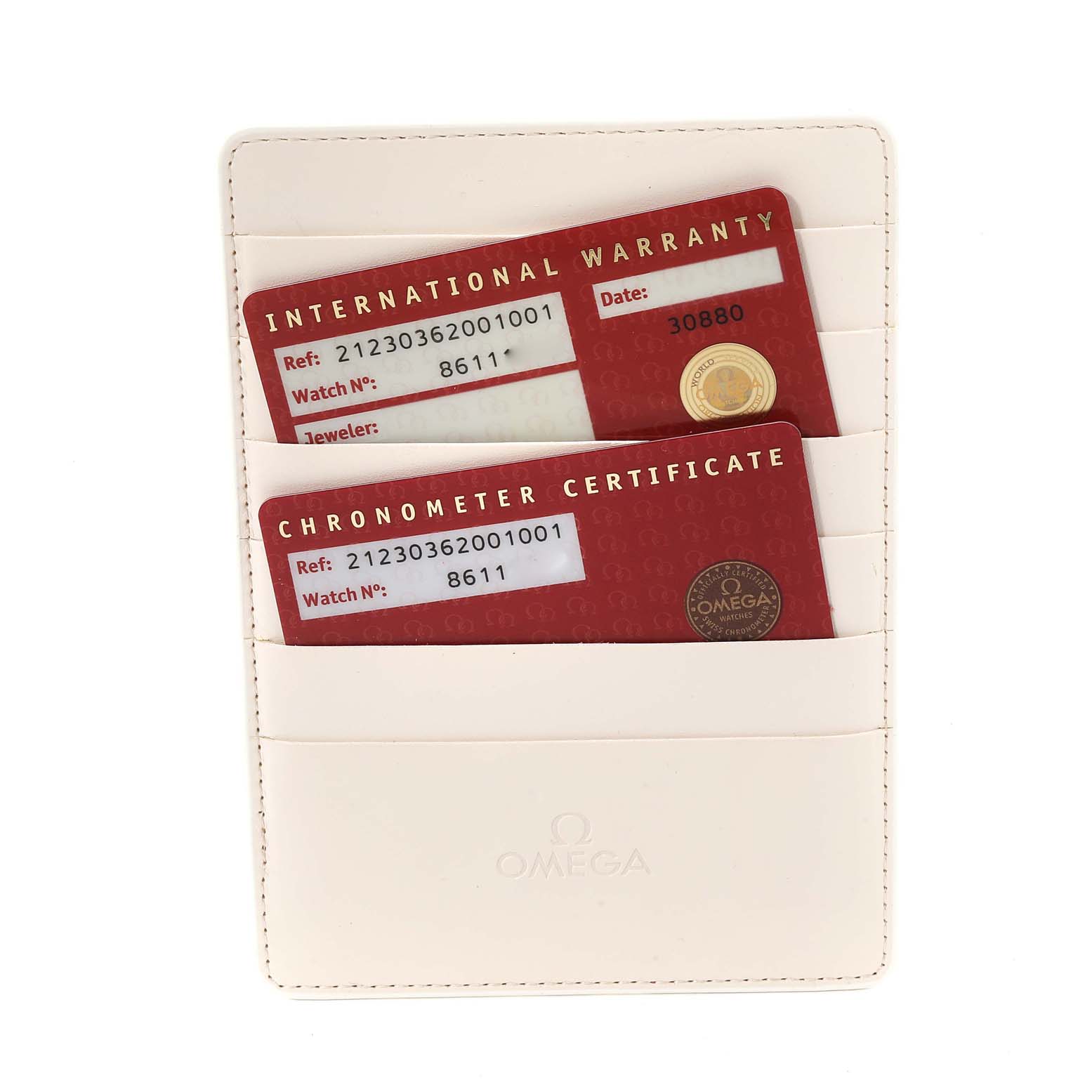 The image shows the warranty and chronometer certificate cards for an Omega Seamaster 212.30.36.20.01.001 Men
s Stainless Steel Black Dial 212.30.36.20.01.001 Men
s Stainless Steel Black Dial watch, placed in a white cardholder.