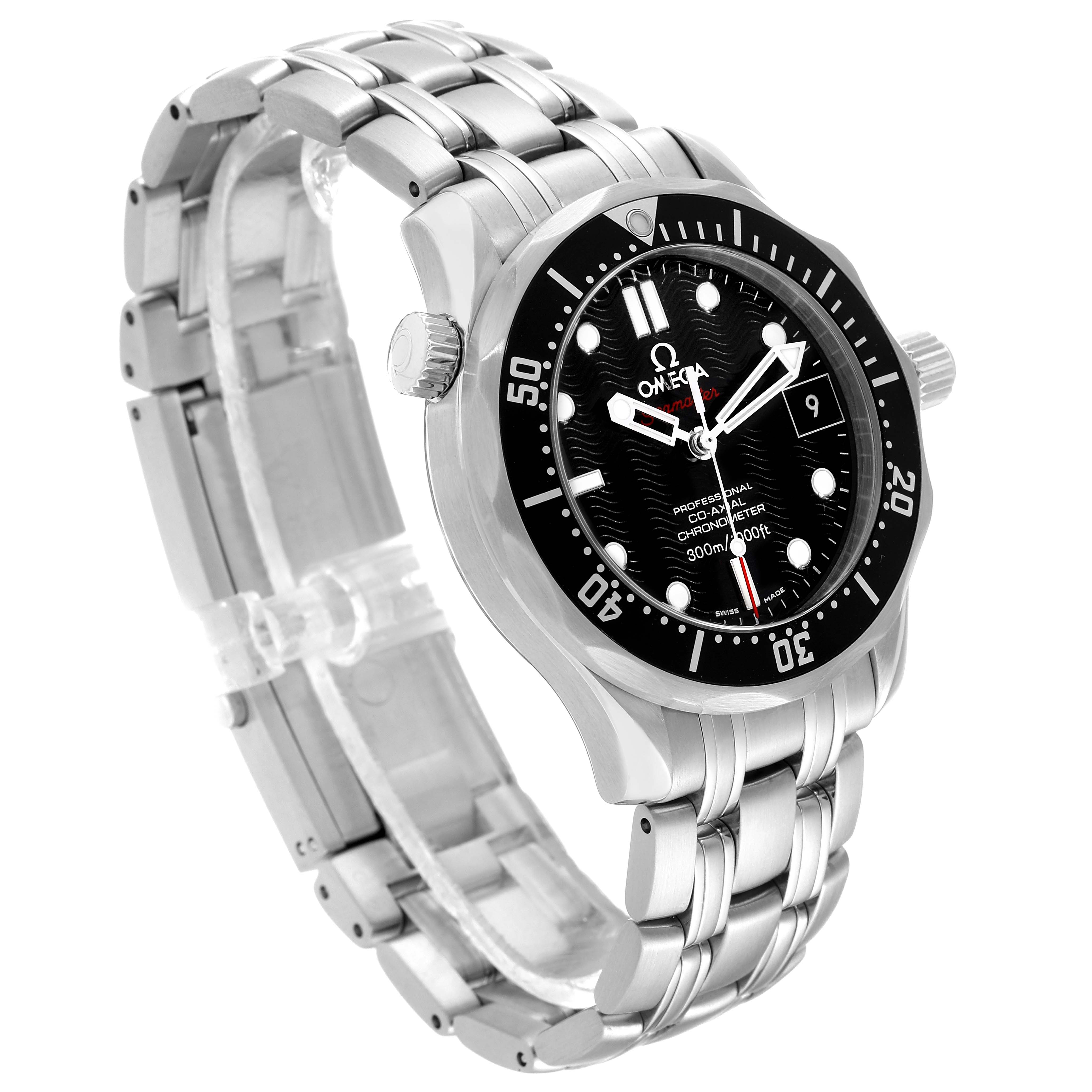 This image shows a side angle of an Omega Seamaster 212.30.36.20.01.001 Men
s Stainless Steel Black Dial 212.30.36.20.01.001 Men
s Stainless Steel Black Dial watch, highlighting its face, bezel, and stainless steel bracelet.