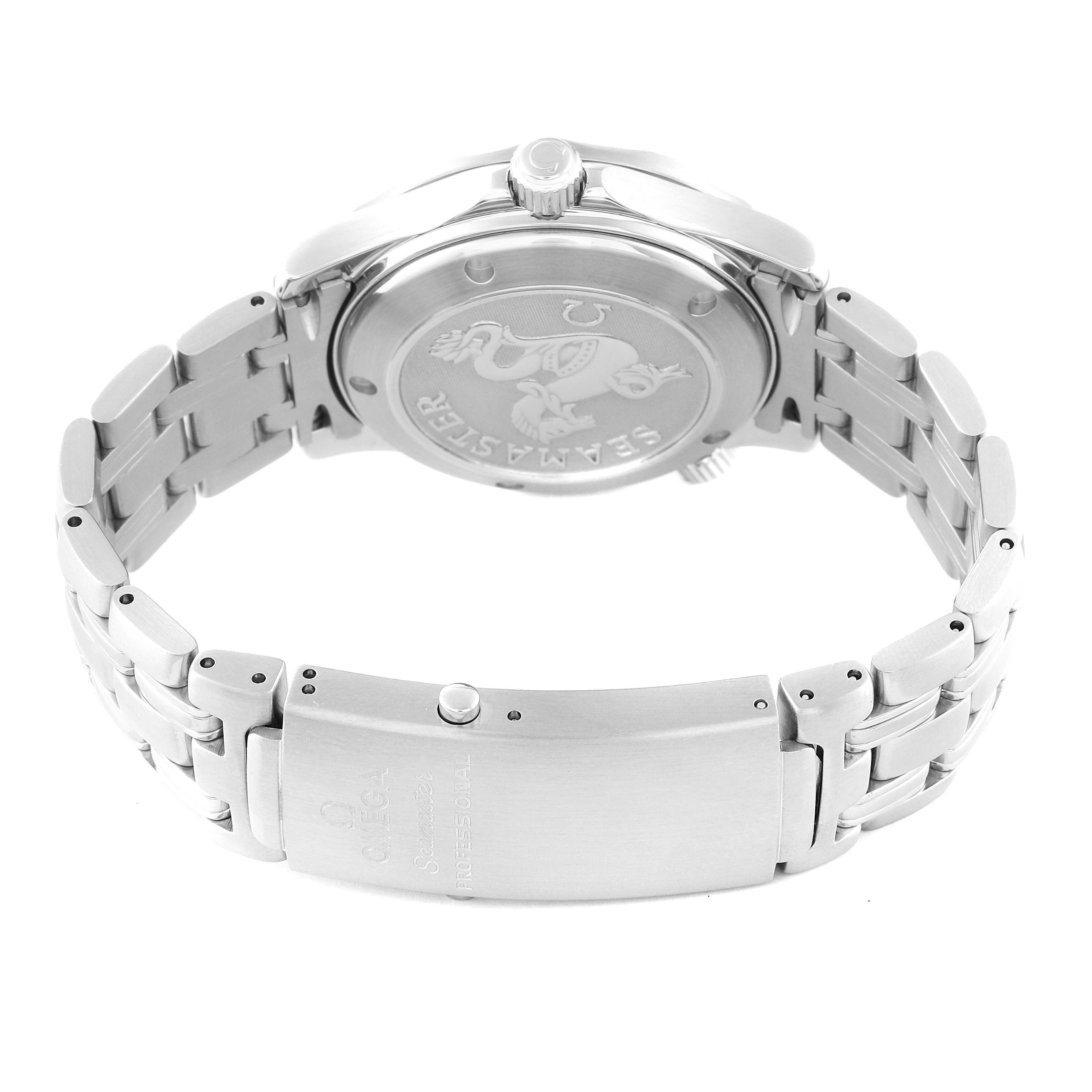 The image shows the back case and the bracelet clasp of an Omega Seamaster 212.30.36.20.01.001 Men
s Stainless Steel Black Dial 212.30.36.20.01.001 Men
s Stainless Steel Black Dial watch from a rear angle.