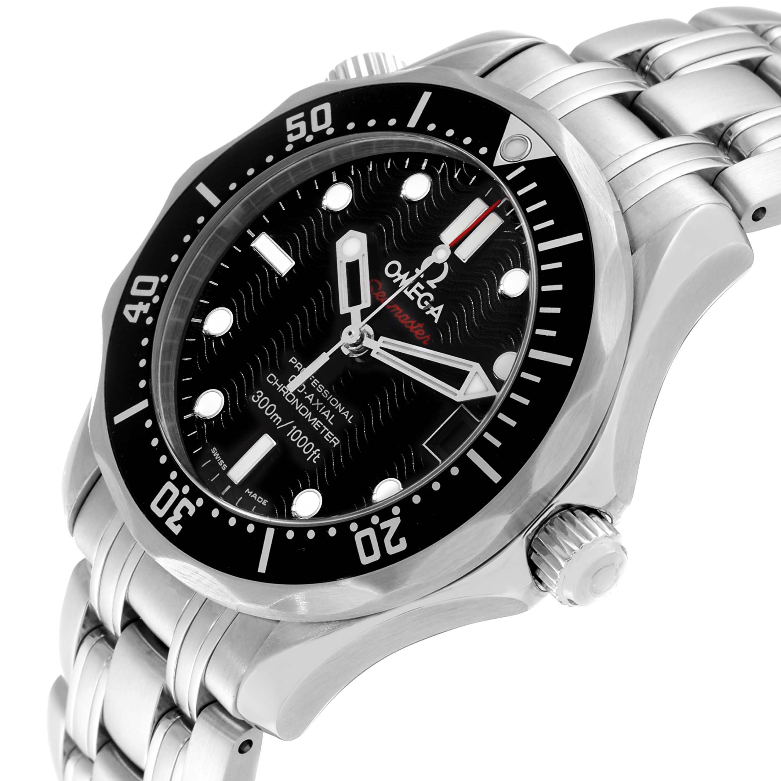 This is an angled view showcasing the face, bezel, and partial bracelet of the Omega Seamaster 212.30.36.20.01.001 Men
s Stainless Steel Black Dial 212.30.36.20.01.001 Men
s Stainless Steel Black Dial watch.