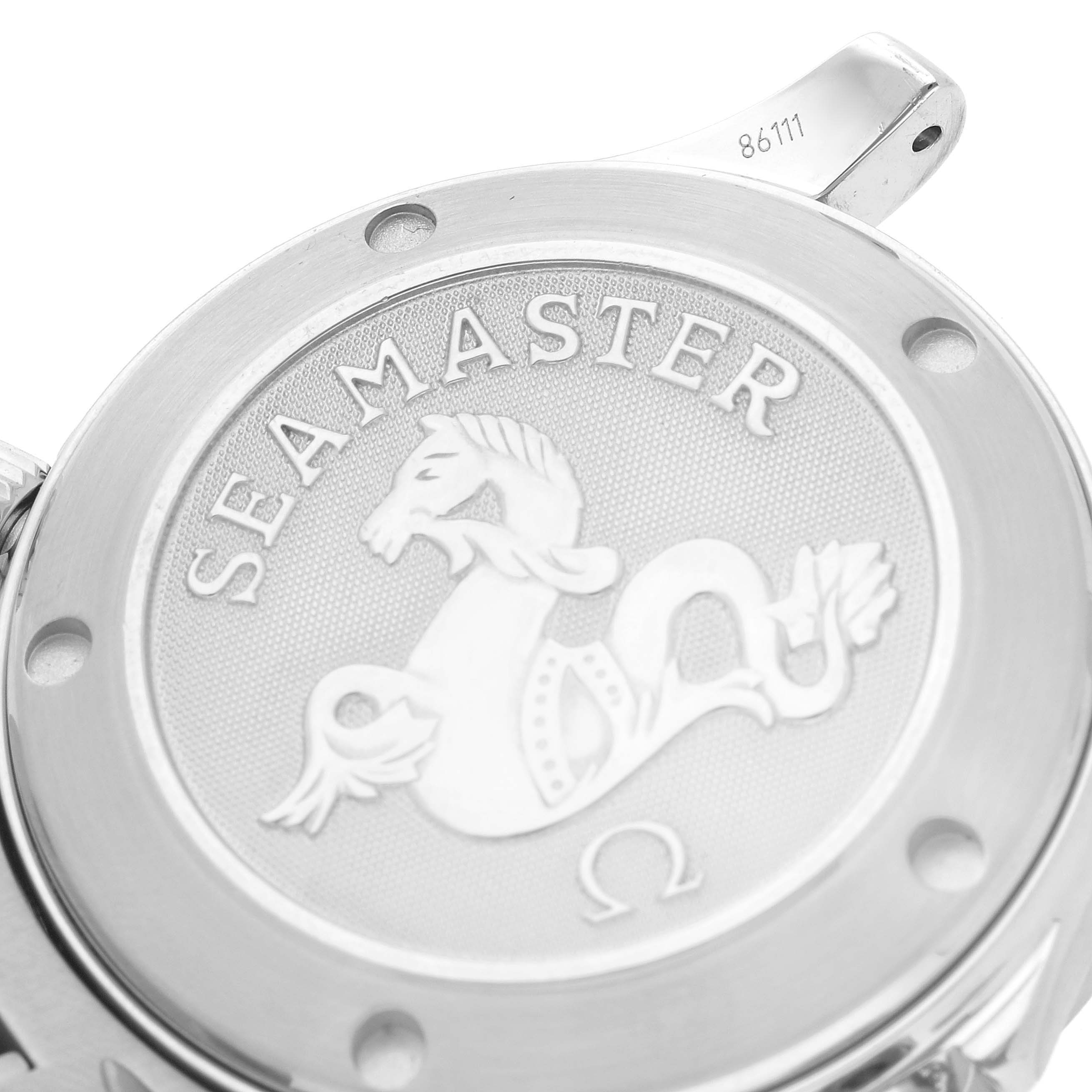 The image shows the back case of an Omega Seamaster 212.30.36.20.01.001 Men
s Stainless Steel Black Dial 212.30.36.20.01.001 Men
s Stainless Steel Black Dial watch, highlighting the embossed logo and model details.