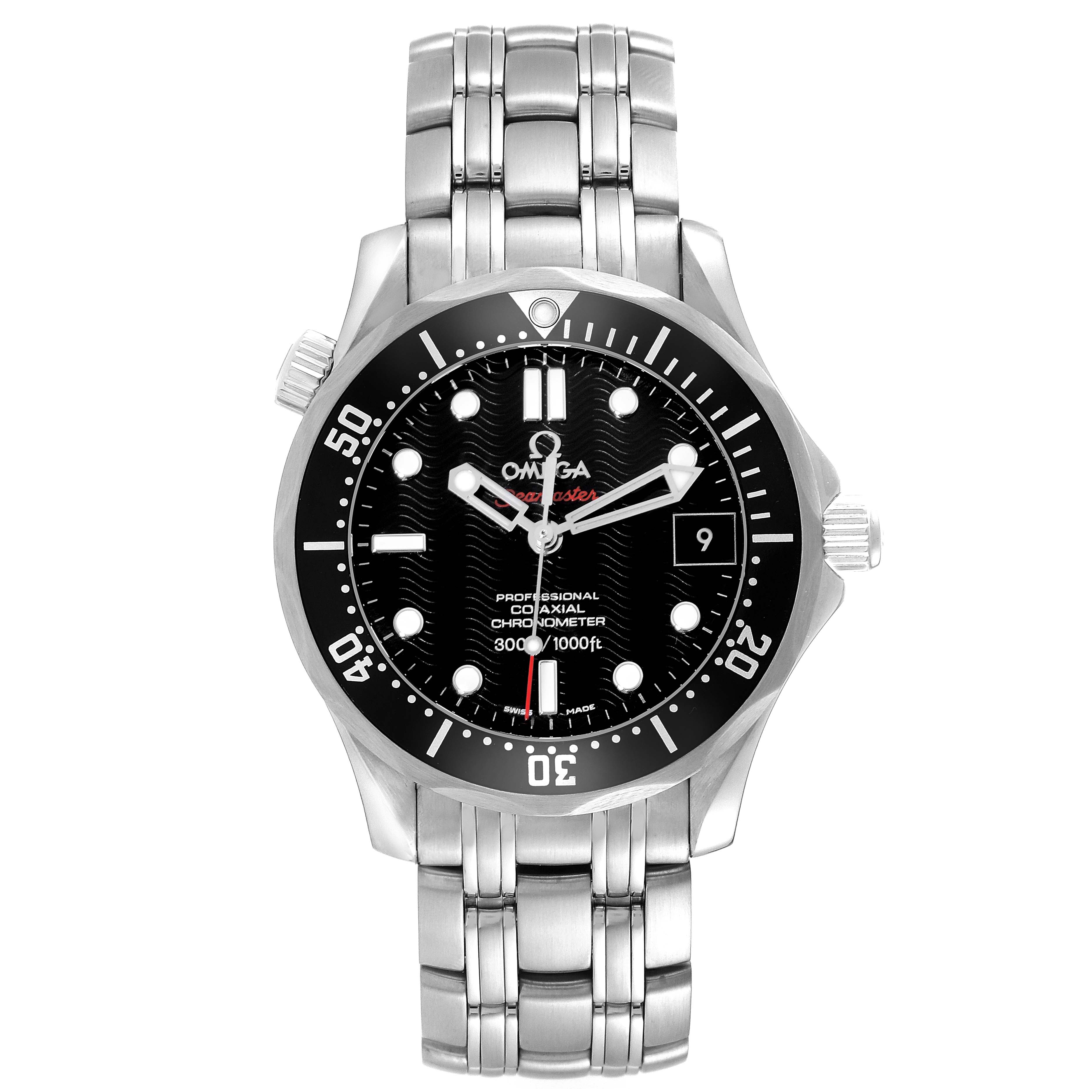 The image shows a front view of an Omega Seamaster 212.30.36.20.01.001 Men
s Stainless Steel Black Dial 212.30.36.20.01.001 Men
s Stainless Steel Black Dial watch, featuring its bezel, dial, hands, and stainless steel bracelet.