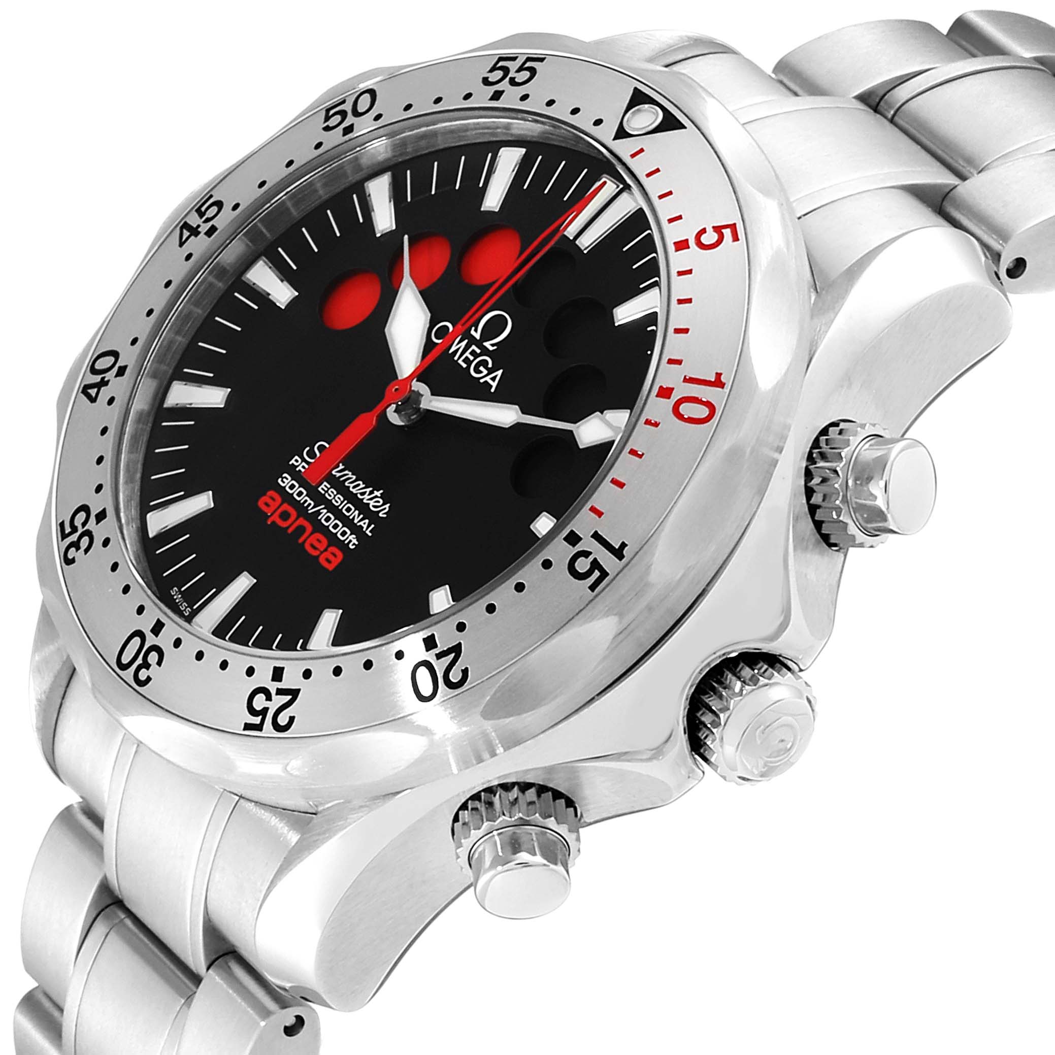 The image shows a side and front view of the Omega Seamaster 2595.50.00 Men's Stainless Steel Black Dial 2595.50.00 Men's Stainless Steel Black Dial Apnea watch, highlighting its bezel, dial, and pushers.