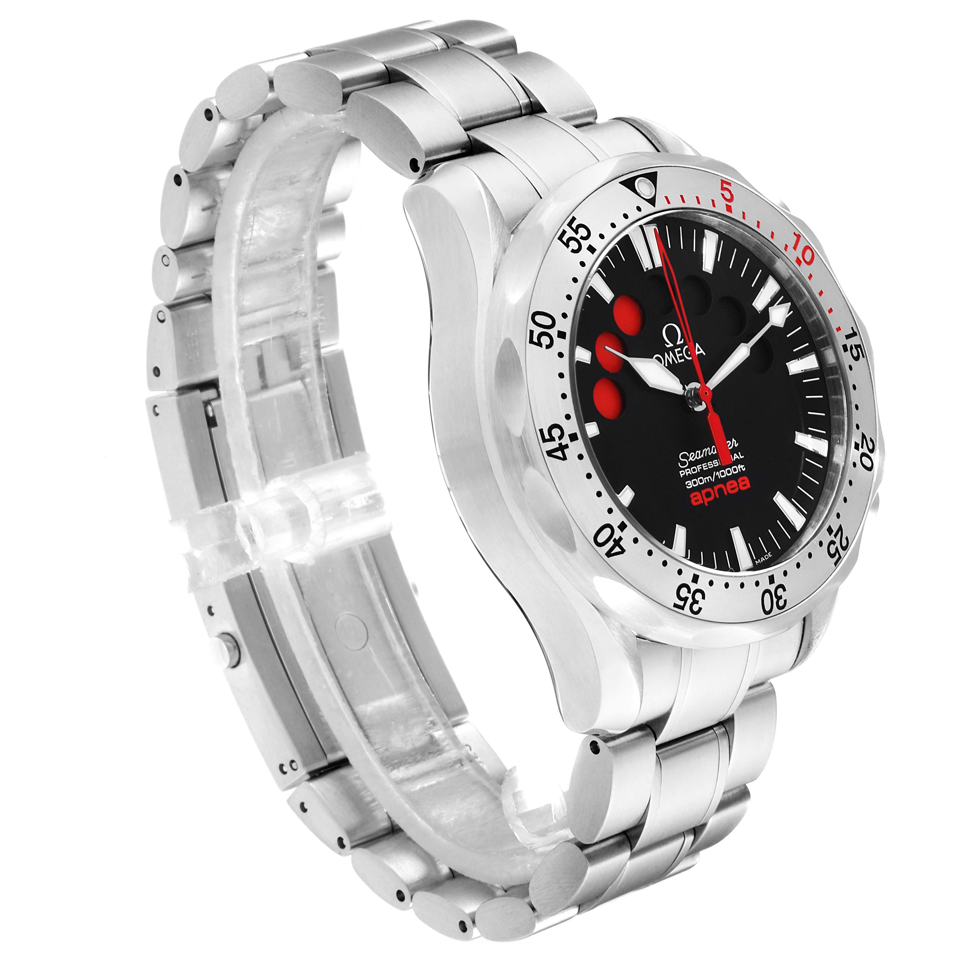 The image shows a side and front angled view of an Omega Seamaster 2595.50.00 Men's Stainless Steel Black Dial 2595.50.00 Men's Stainless Steel Black Dial watch, highlighting its bezel, dial, and stainless steel bracelet.