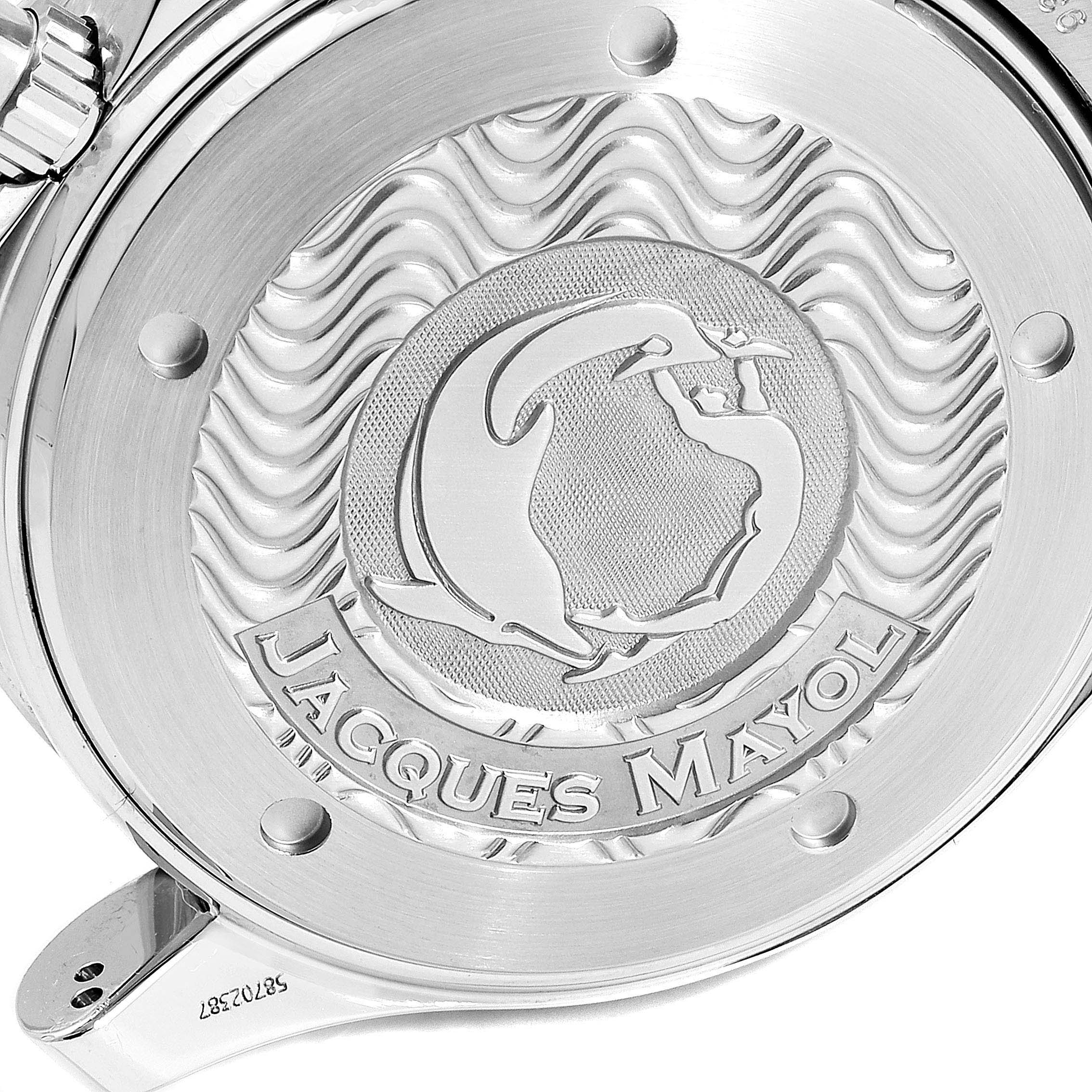 The image shows the case back of an Omega Seamaster 2595.50.00 Men's Stainless Steel Black Dial 2595.50.00 Men's Stainless Steel Black Dial watch, highlighting the "Jacques Mayol" engraving.